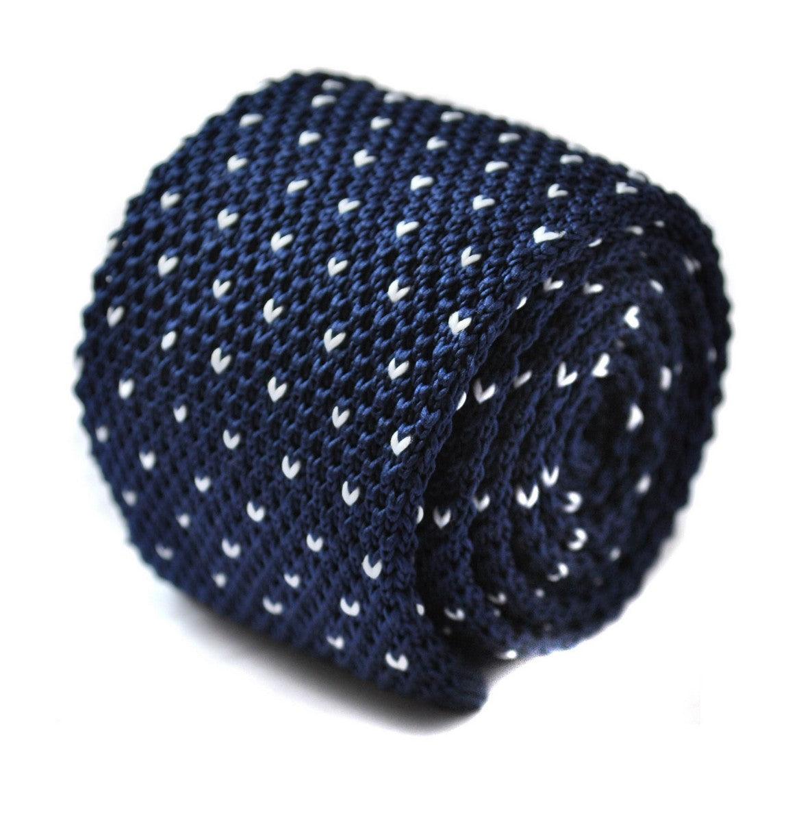 Navy Blue Skinny Knitted Tie with White Heart Polka Dots