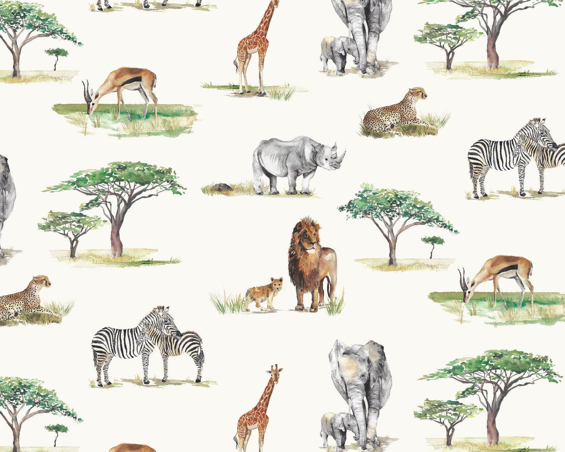 Safari Animals Hand Designed Children's Wallpaper in Blue, Cream and Grey