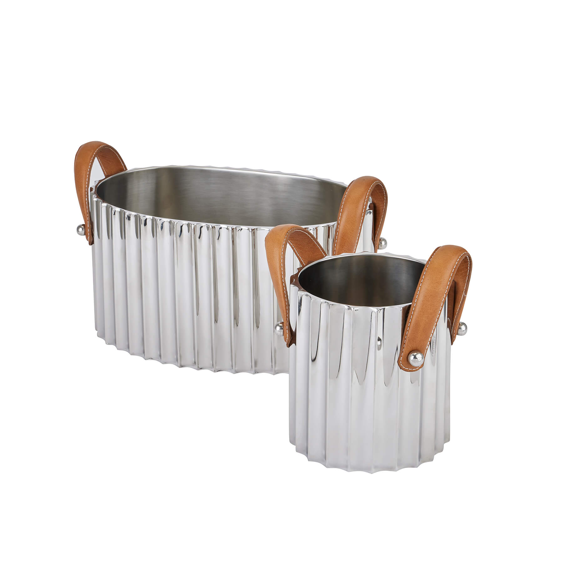 Silver fluted champagne cooler with leather handles, stainless steel, elegant ridges for light reflections. by RoomLondon at brixbailey.com
