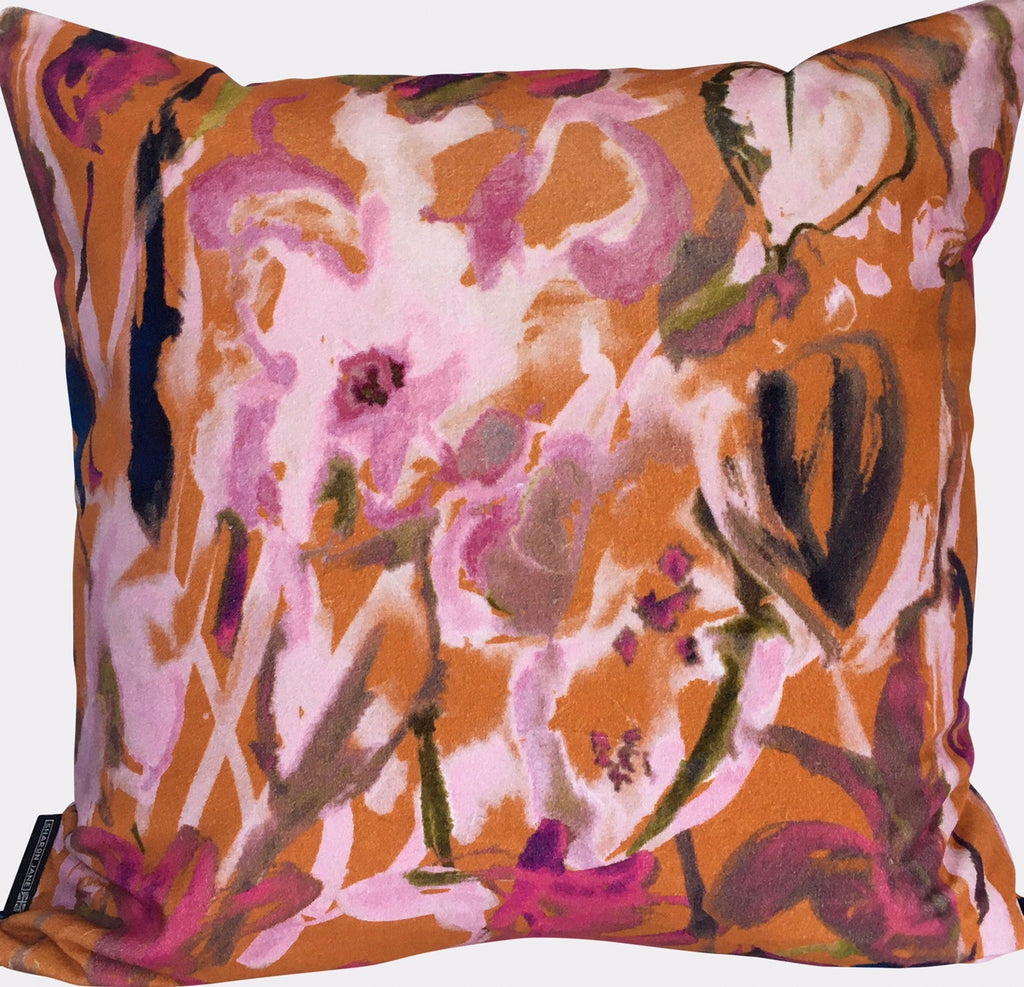 Large Watercolour Floral Velvet Cushion - Burnt Orange