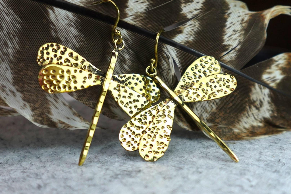 Textured Brass Dragonfly Earrings