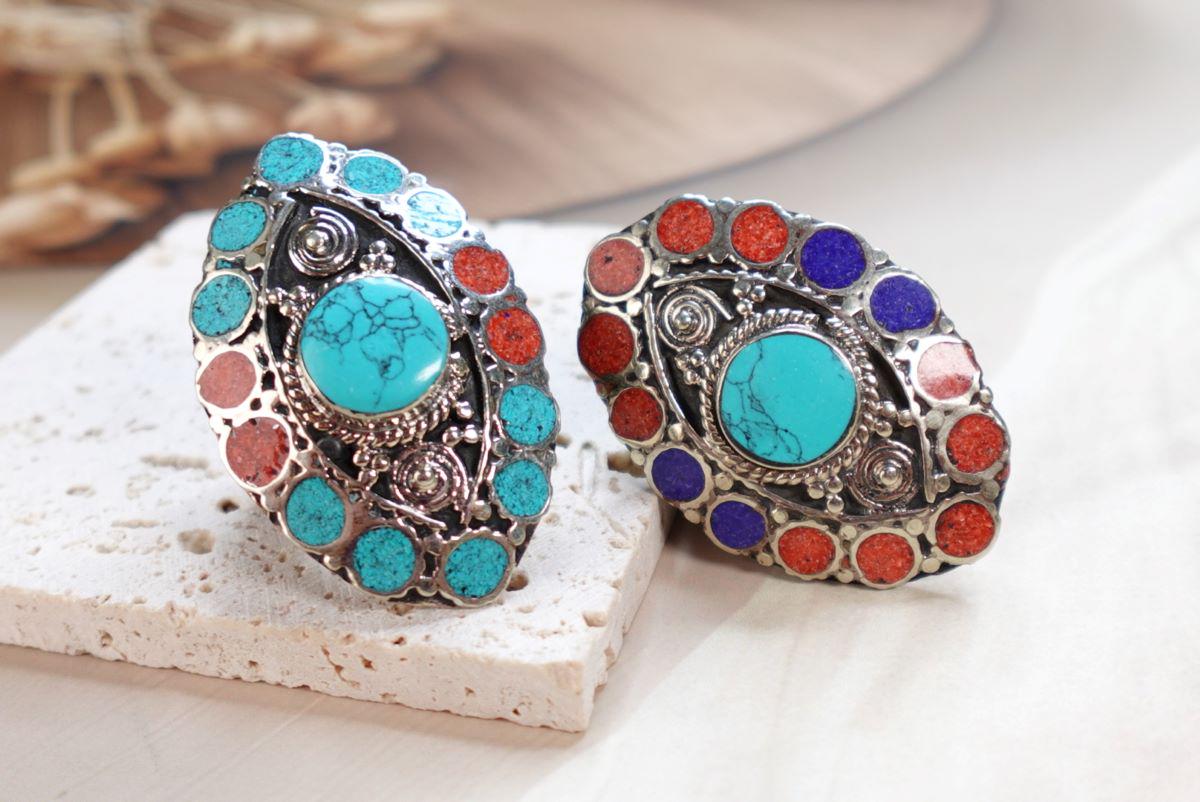 Bohemian Turquoise Statement Ring with Multicolor Inlays