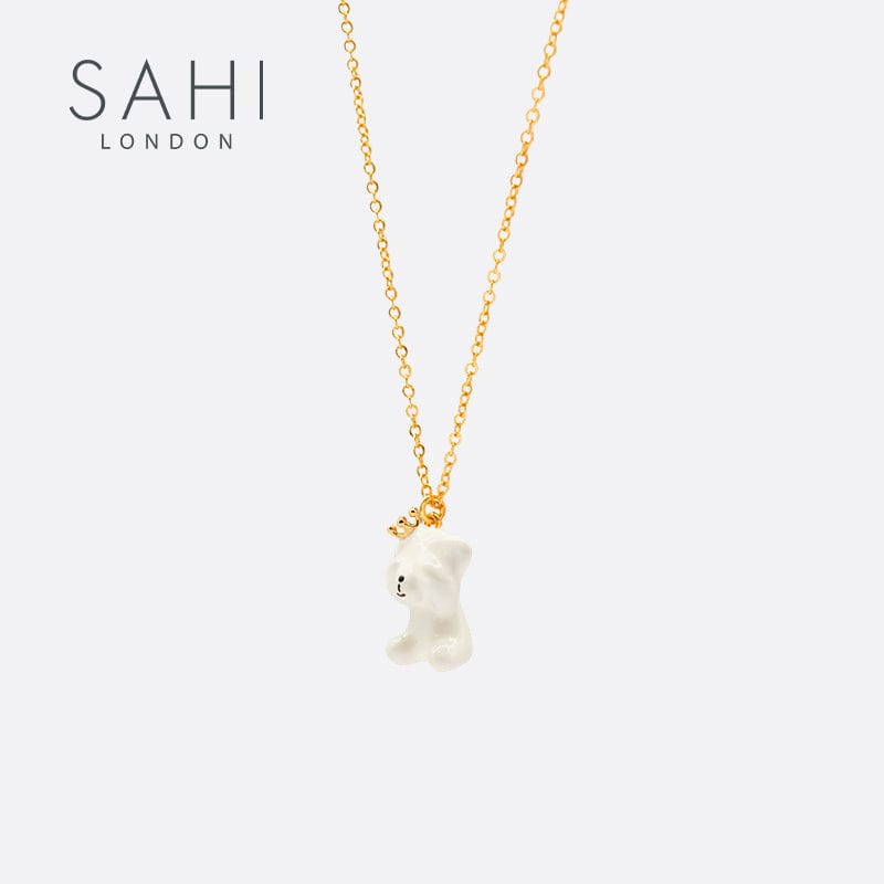 Gold Enameled Chain Cute Bear Pendant Necklace