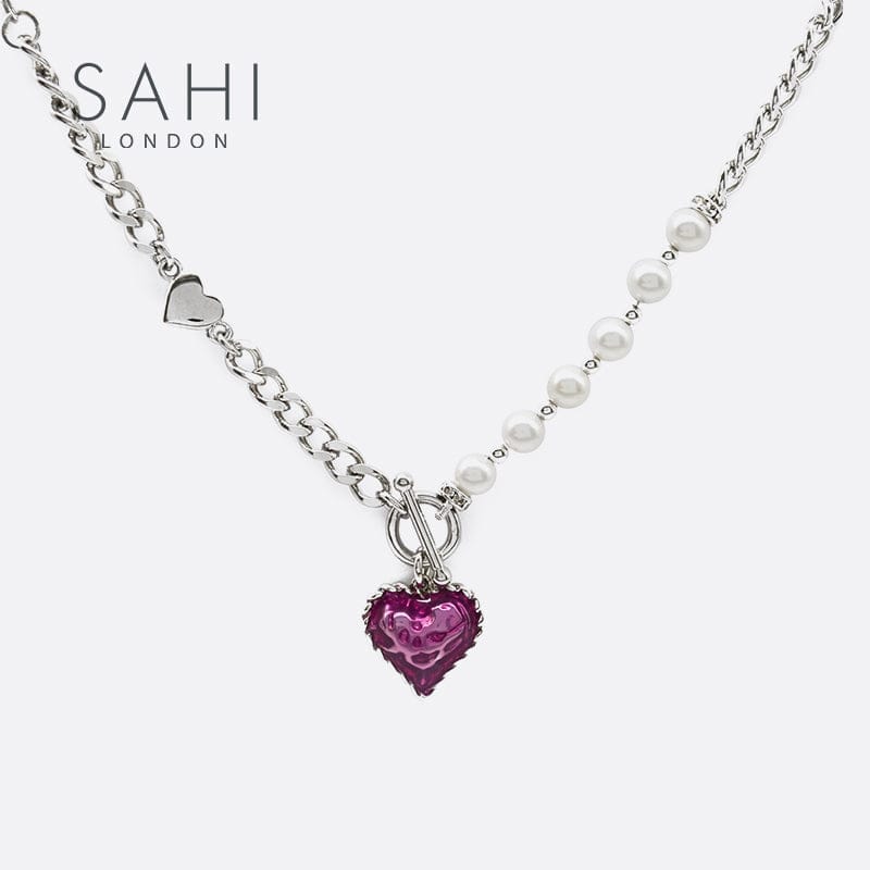 Heart Enameled Pearl Chain and Link Bracelet in Silver and Violet