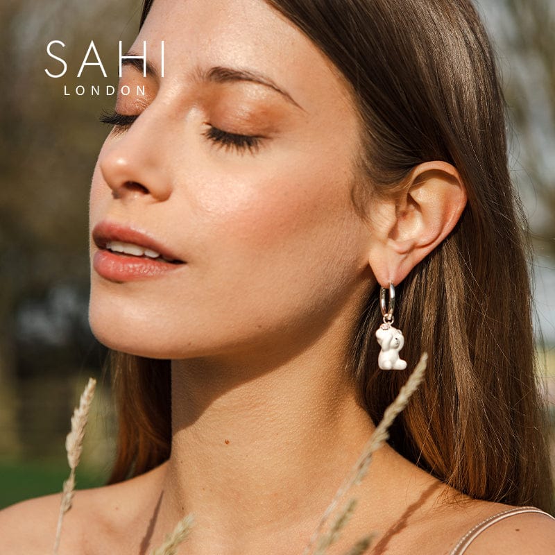 Gold Enameled Camellia Bear Drop Earrings