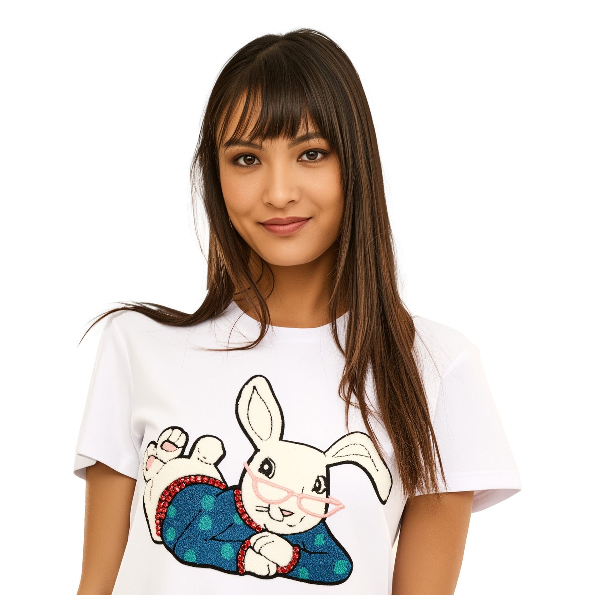 Cotton Rabbit Printed and Embroidered T-Shirt in White