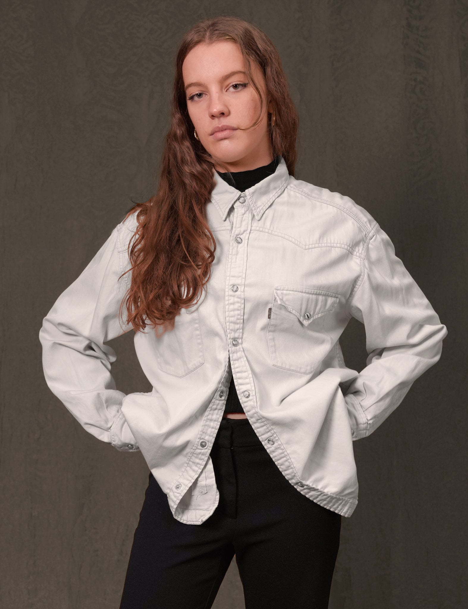 Party Back Shirt Gold Star Sequin White Denim