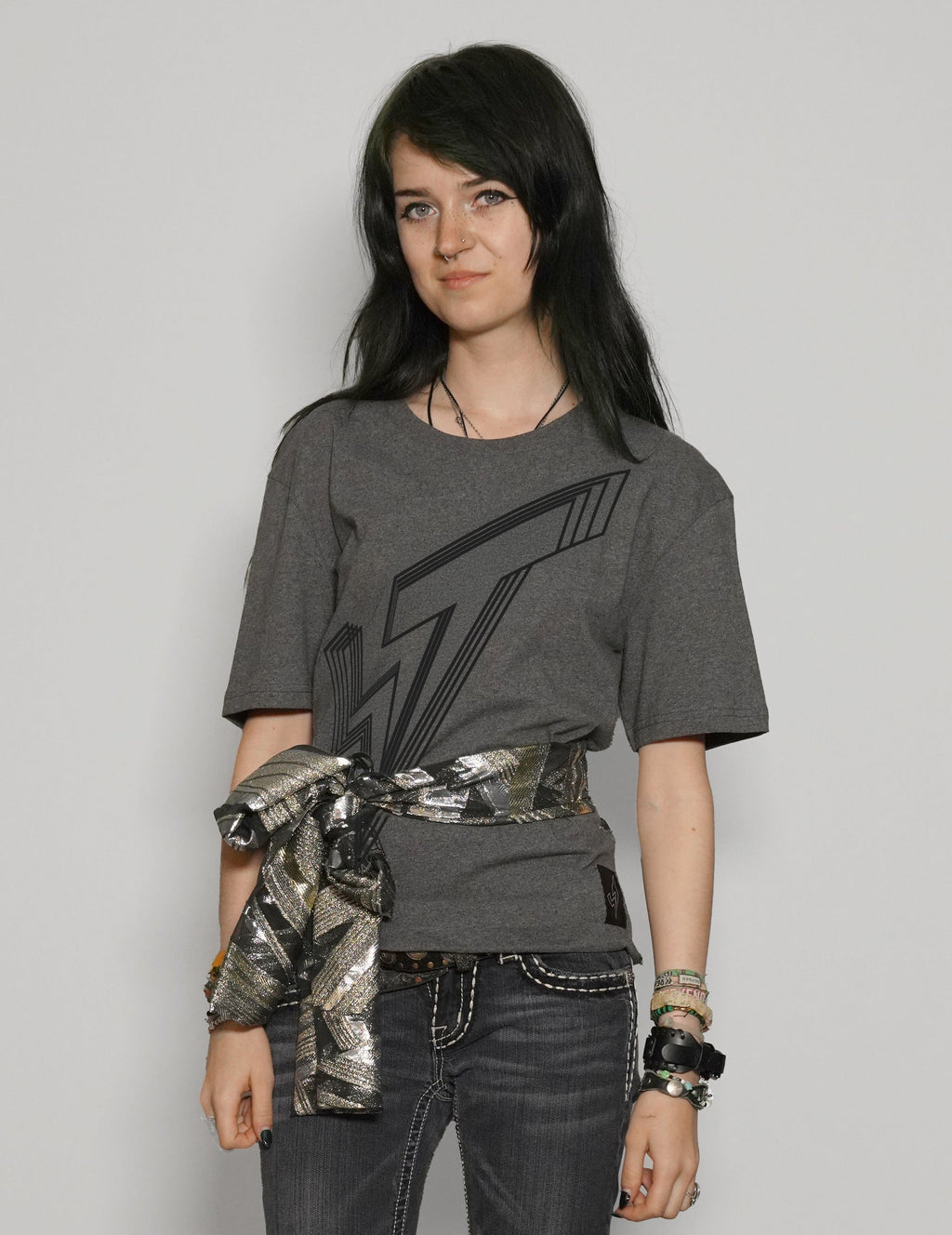 Grey Cropped Tie Tee with Silver Logo