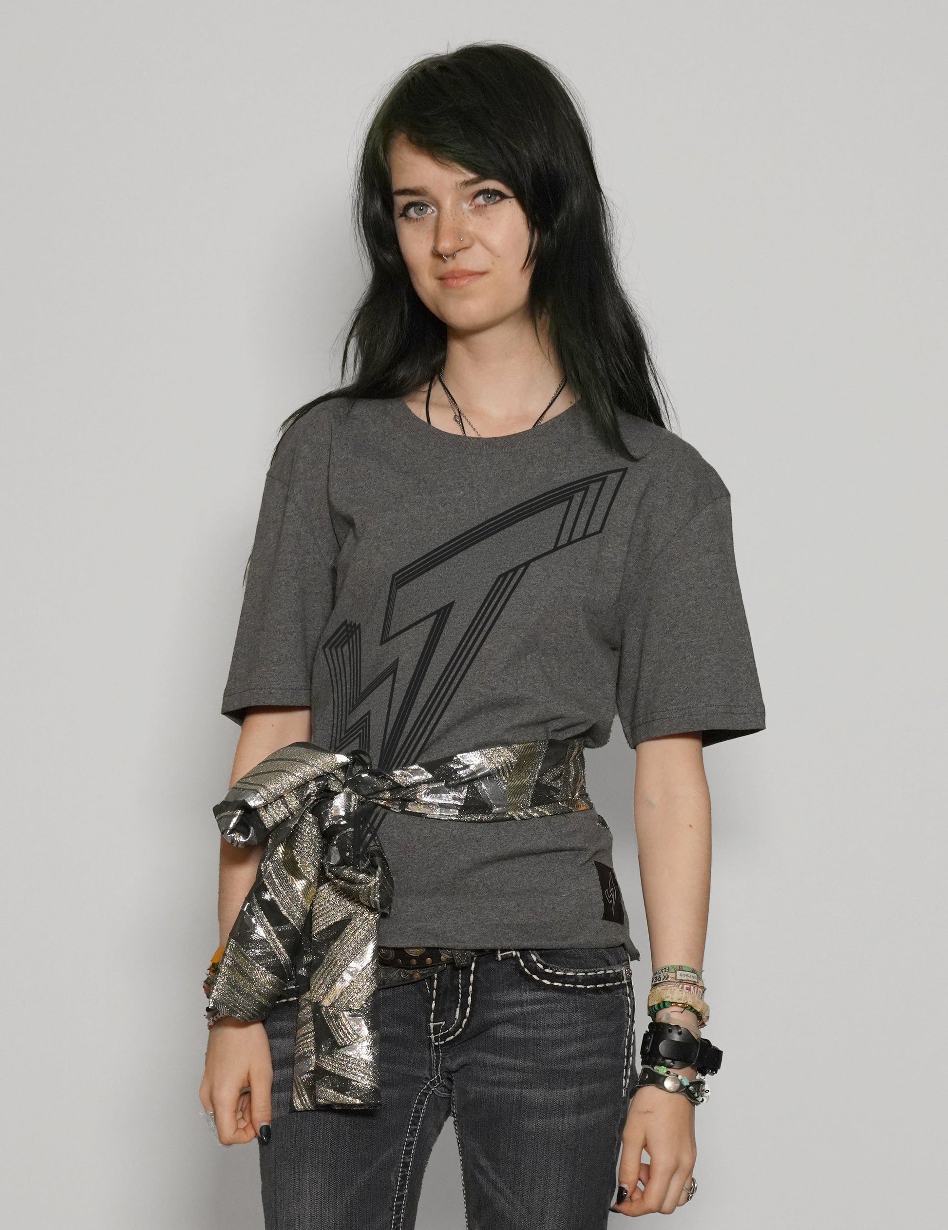 Grey Cropped Tie Tee with Silver Logo