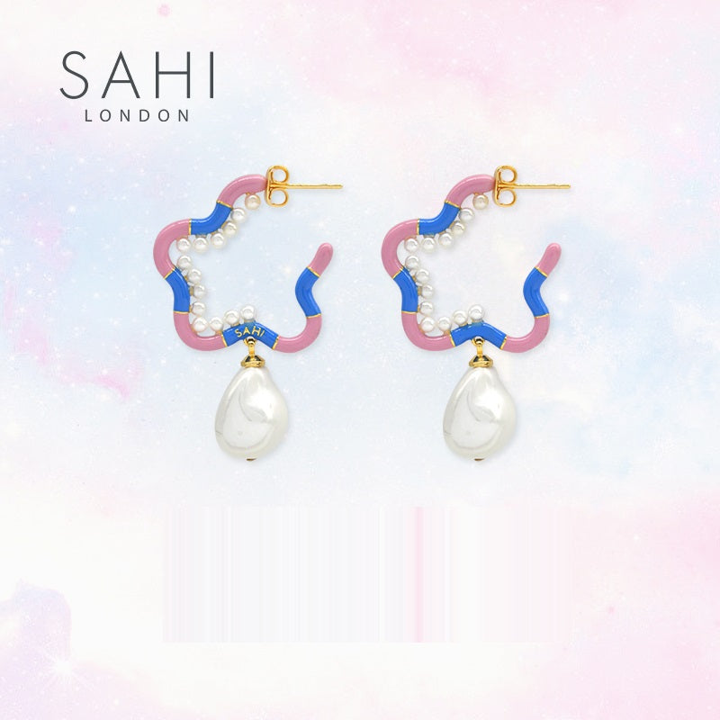 Fantasy Starfish Pearl Hoop Earrings in Blue and Pink