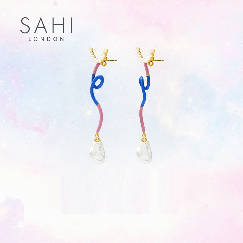 Fantasy Wave Pearl Dangle Earrings in Blue, Pink and Gold