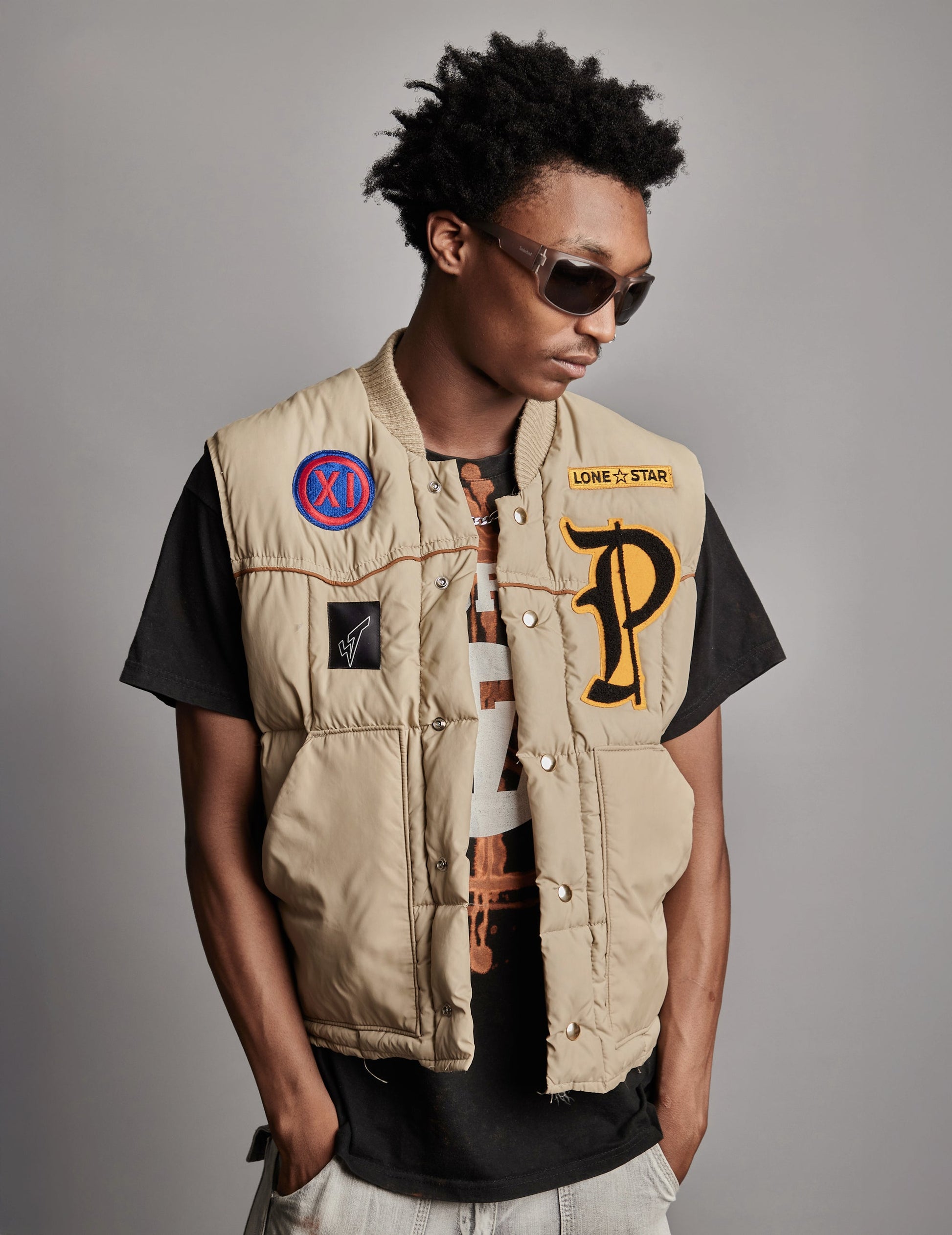 Vintage Khaki Puffer Gilet with Military Patches