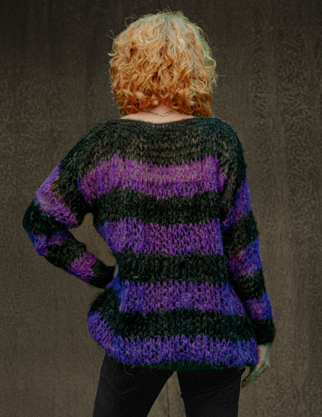Mohair Hand Knit Sweater in Purple and Black