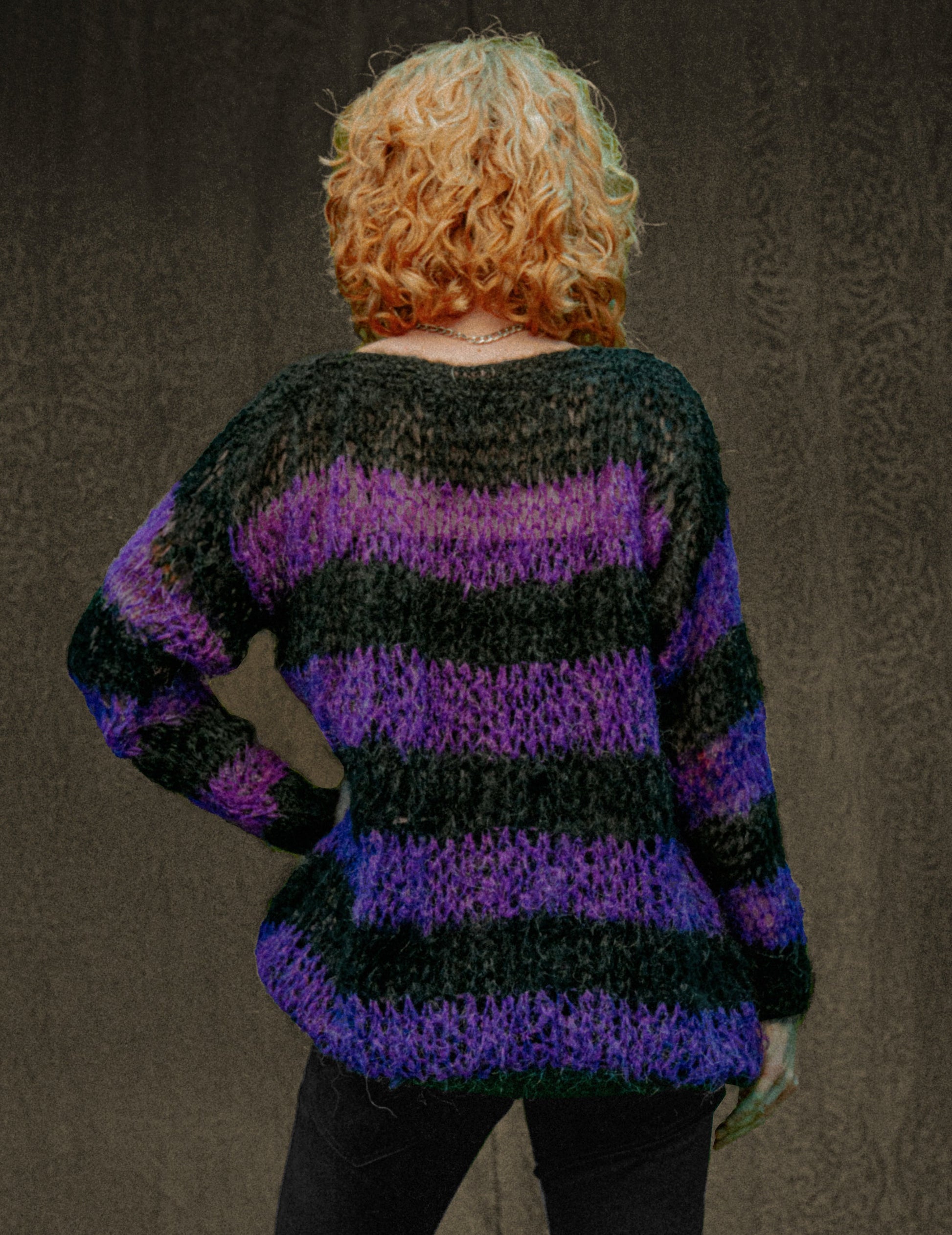 Mohair Hand Knit Sweater in Purple and Black