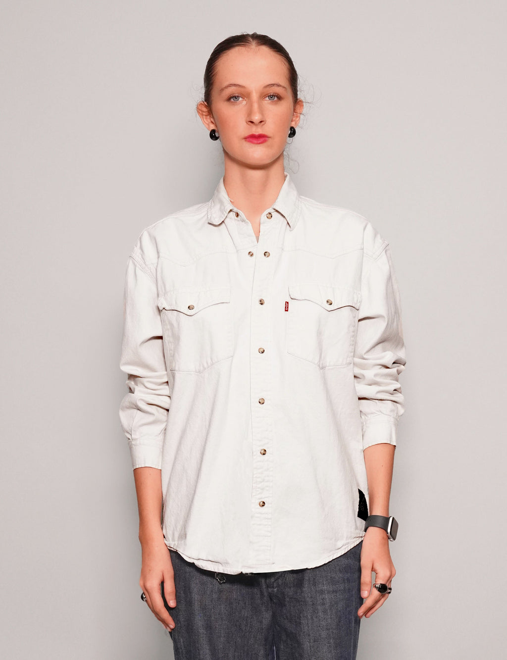 Party Back Shirt White Denim Black Sequin