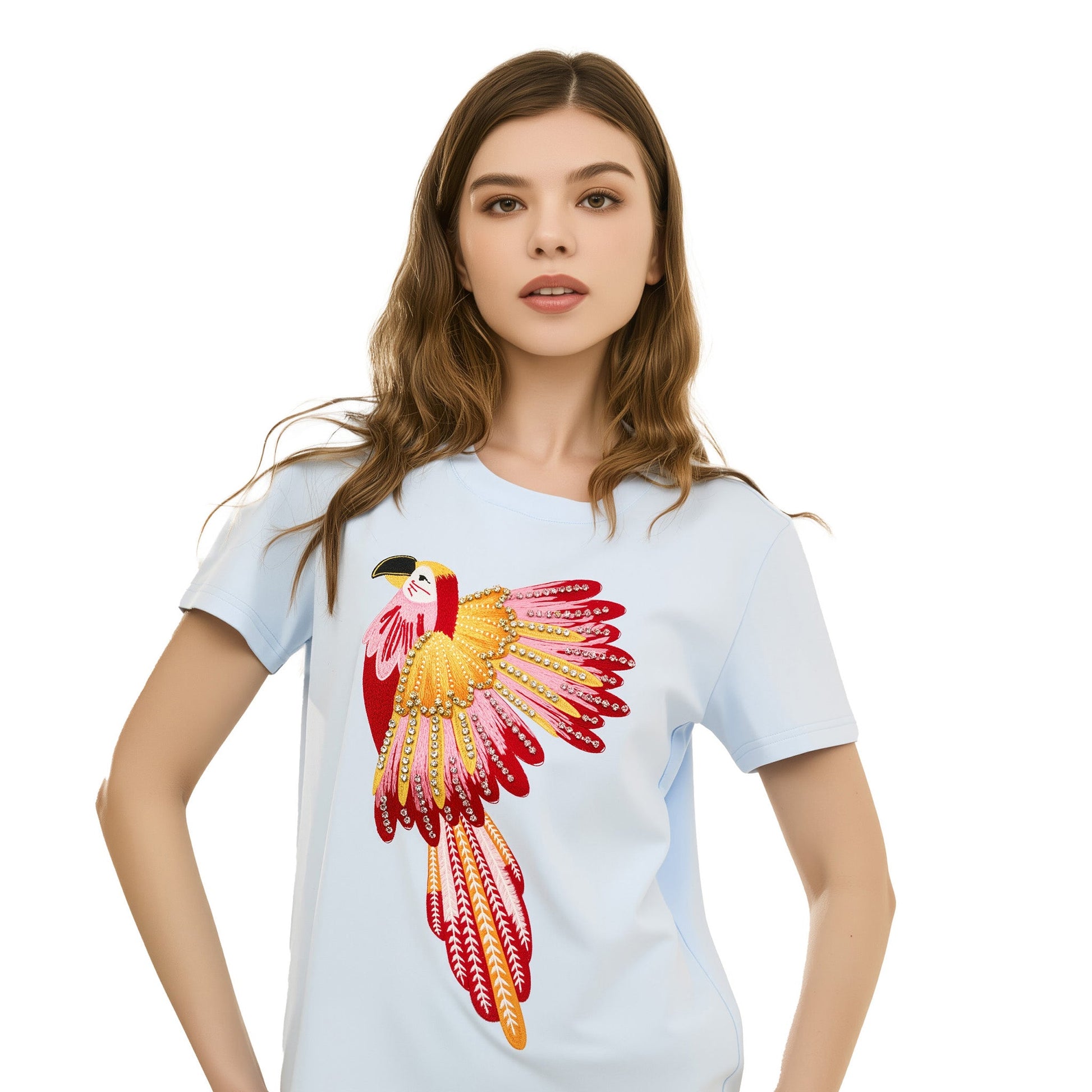 Cotton Embroidered Parrot T-Shirt with Beads and Thread