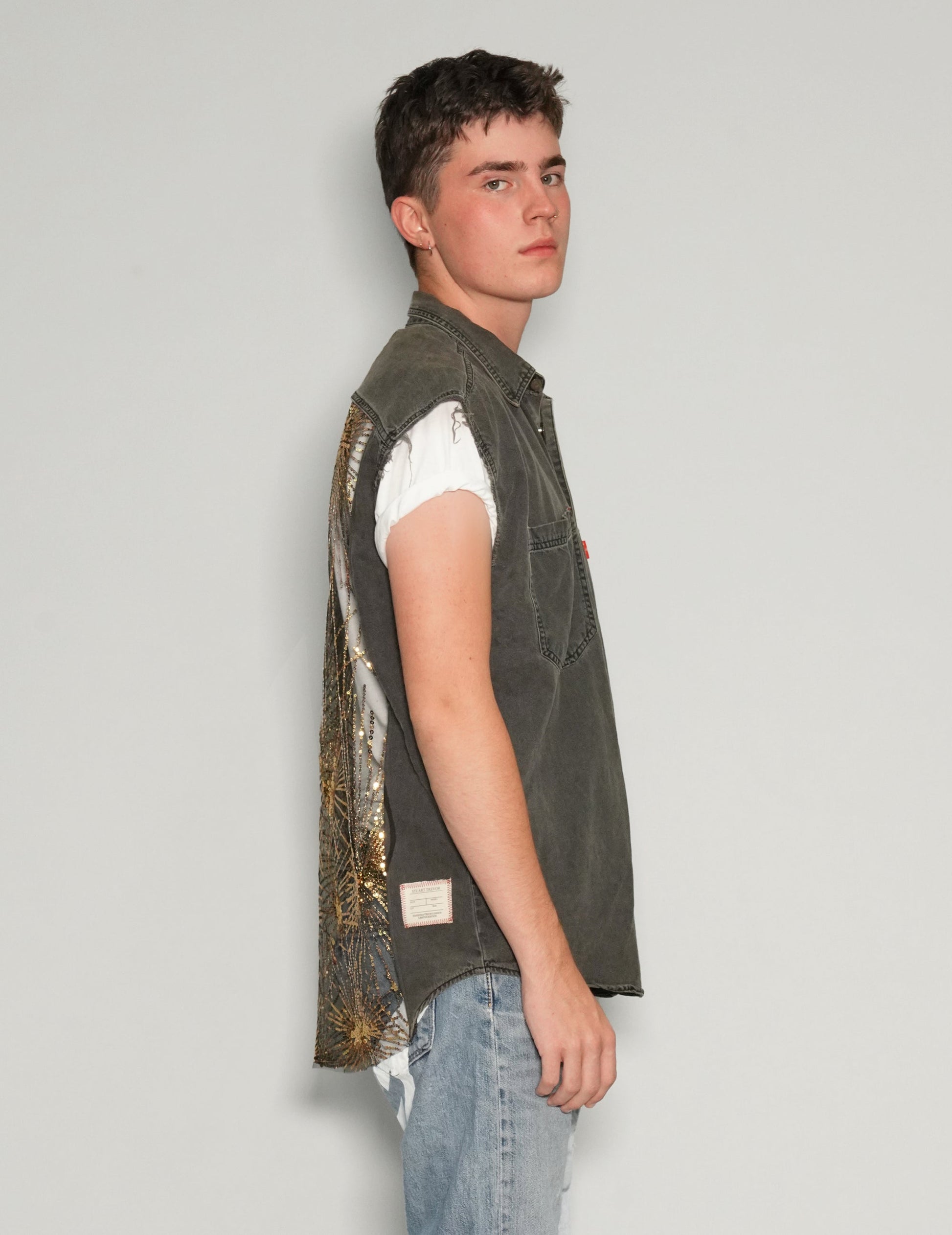 Vintage Denim Vest with Gold Party Back