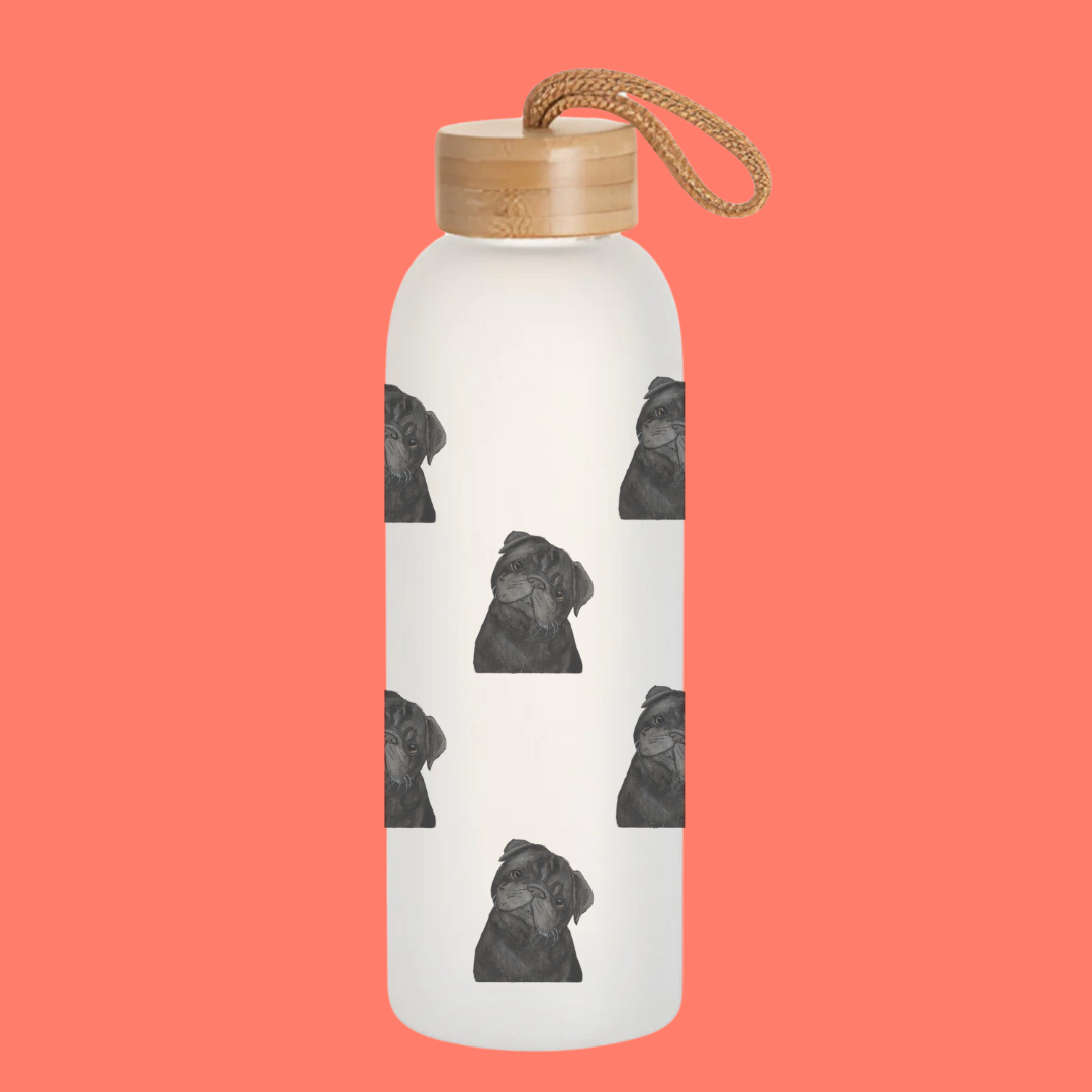 Pug Water Bottle 750ml Frosted Glass with Bamboo Lid
