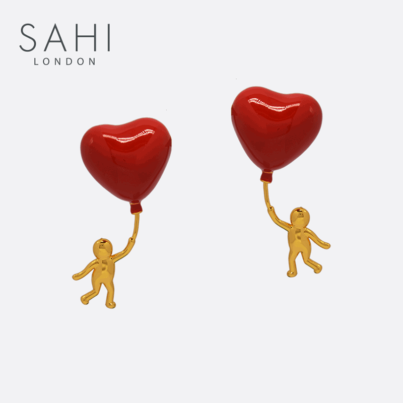 Heart Shaped Enamel Drop Earrings in Gold and Red