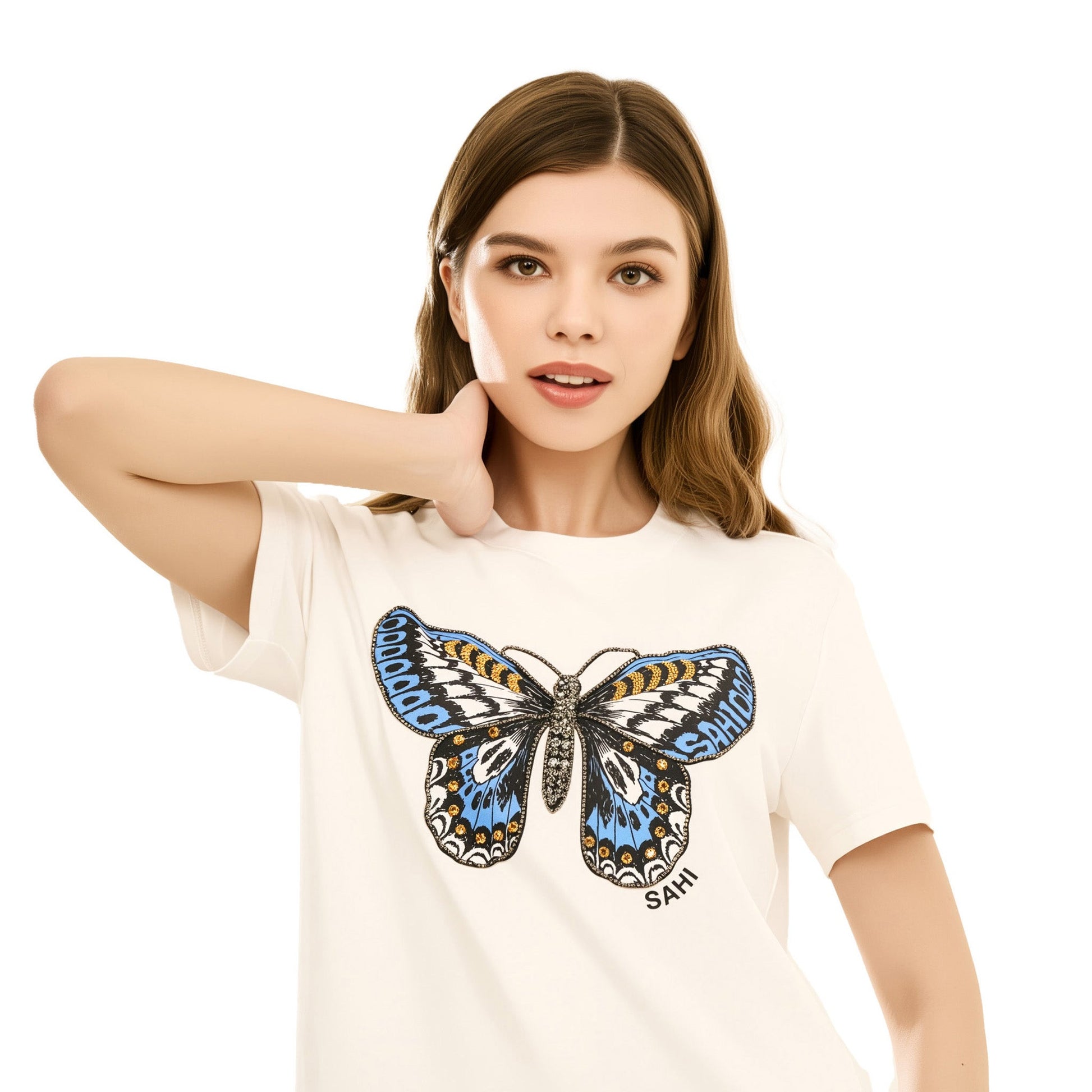 Cotton Butterfly Printed and Embroidered T-Shirt