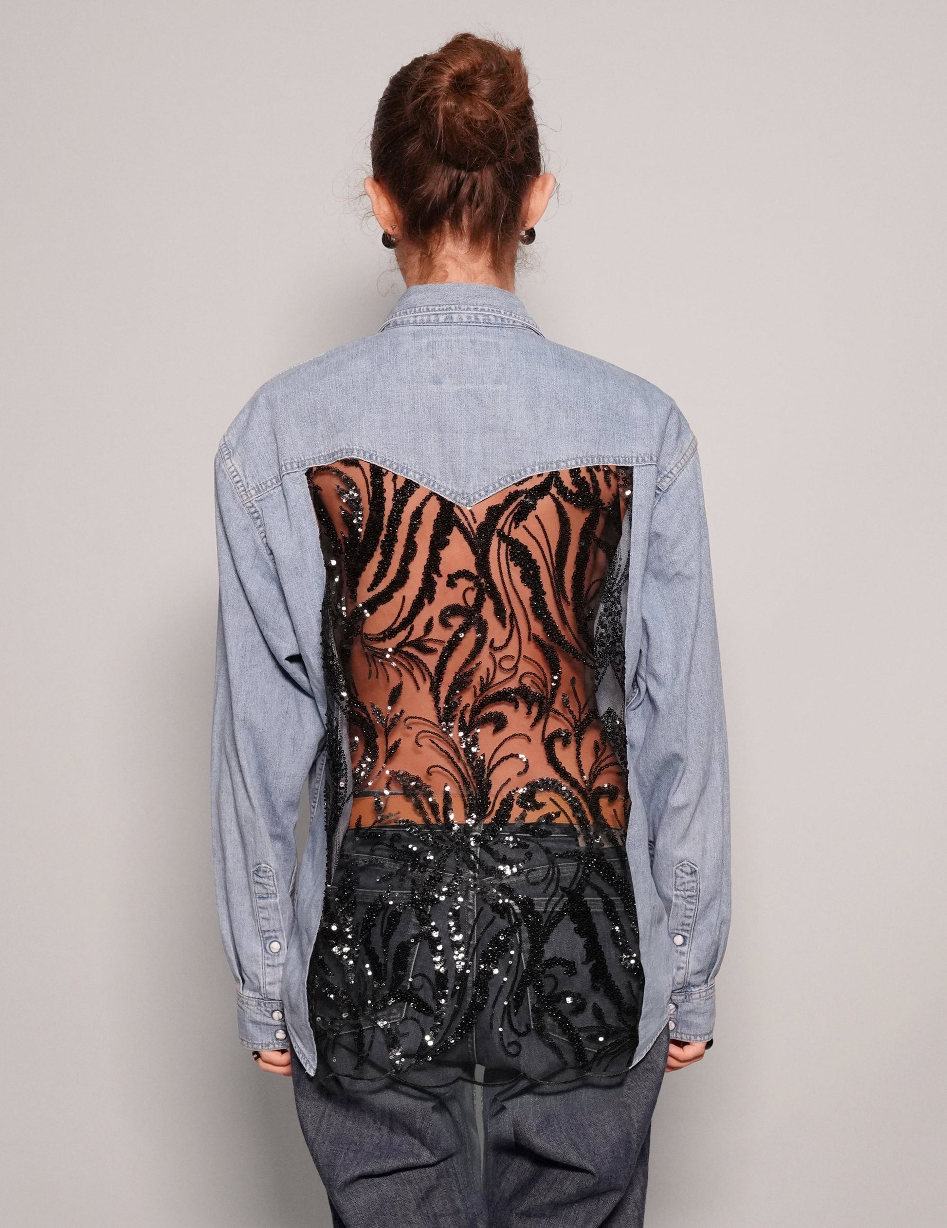 Party Back Shirt Black Sequin Light Blue Denim