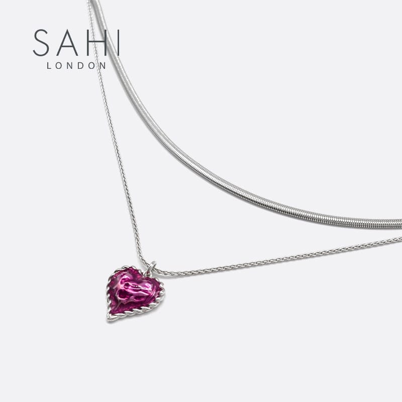 Love Heart Enamel Collar Pendant Necklace in Silver and Violet