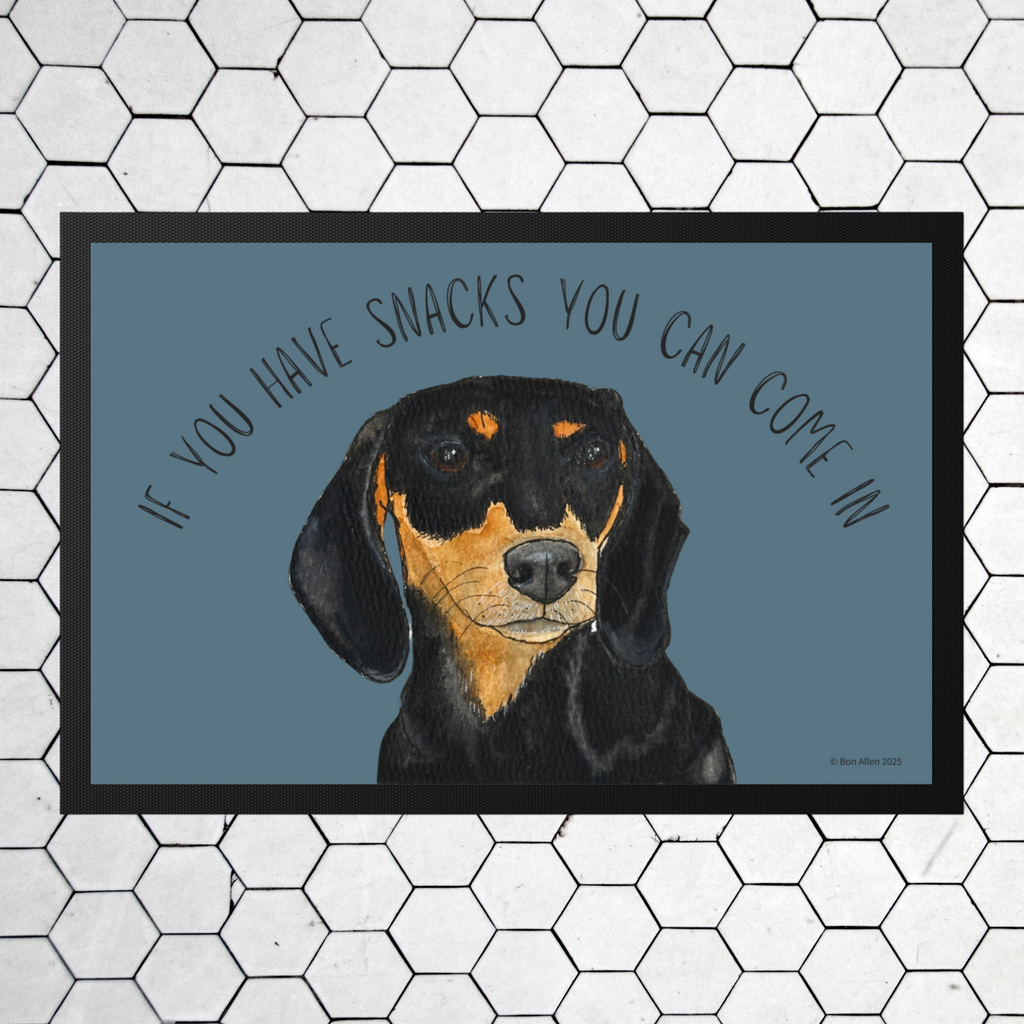 Black and Tan Dachshund Doormat with Snacks Slogan
