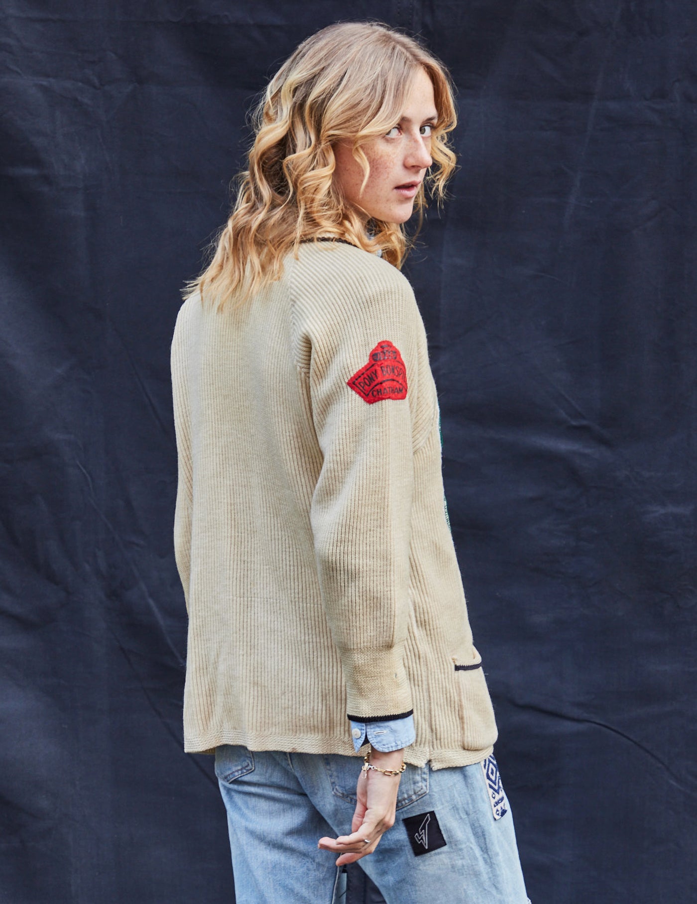 Vintage Beige Wool Cardigan with Embroidered Patches 1970s