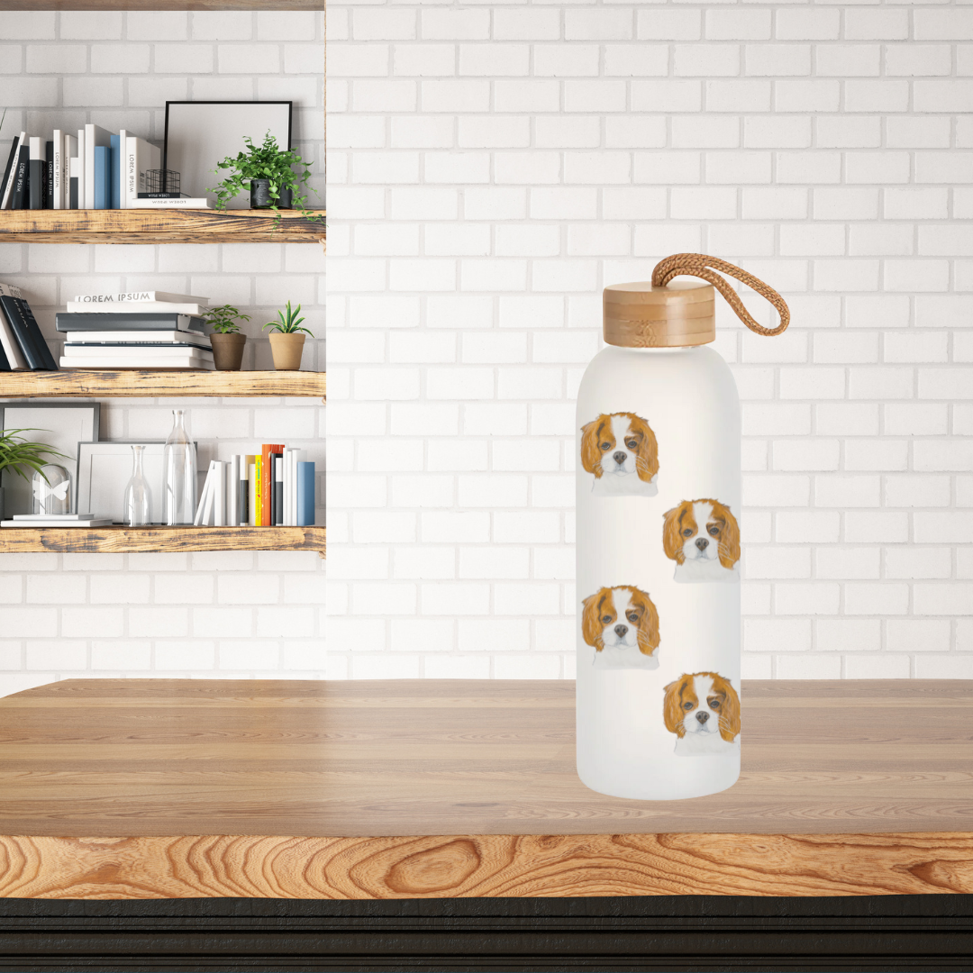 Cavalier King Charles Spaniel Frosted Glass Water Bottle with Bamboo Lid