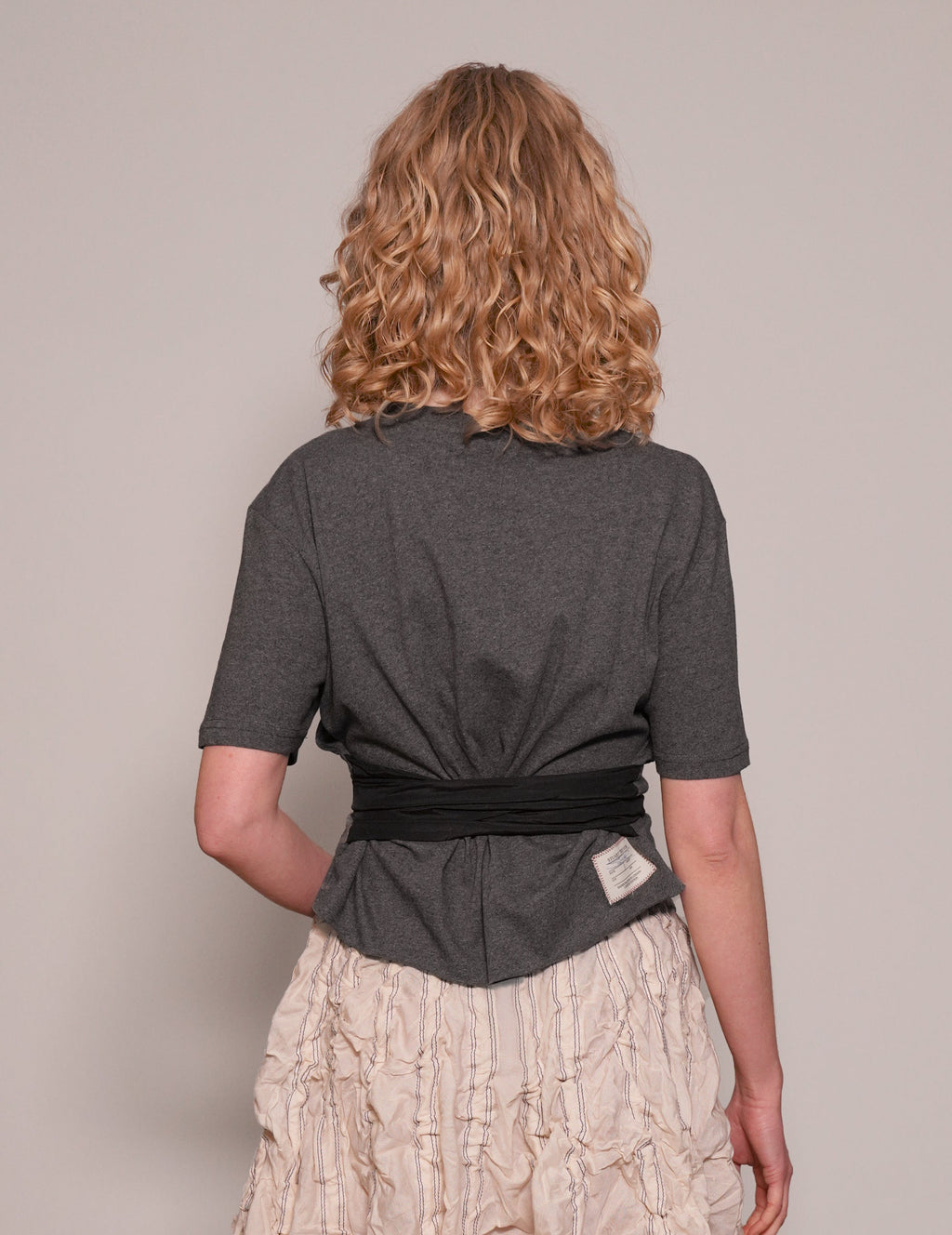 Grey Cropped T-Shirt with Black Silk Tie Detail