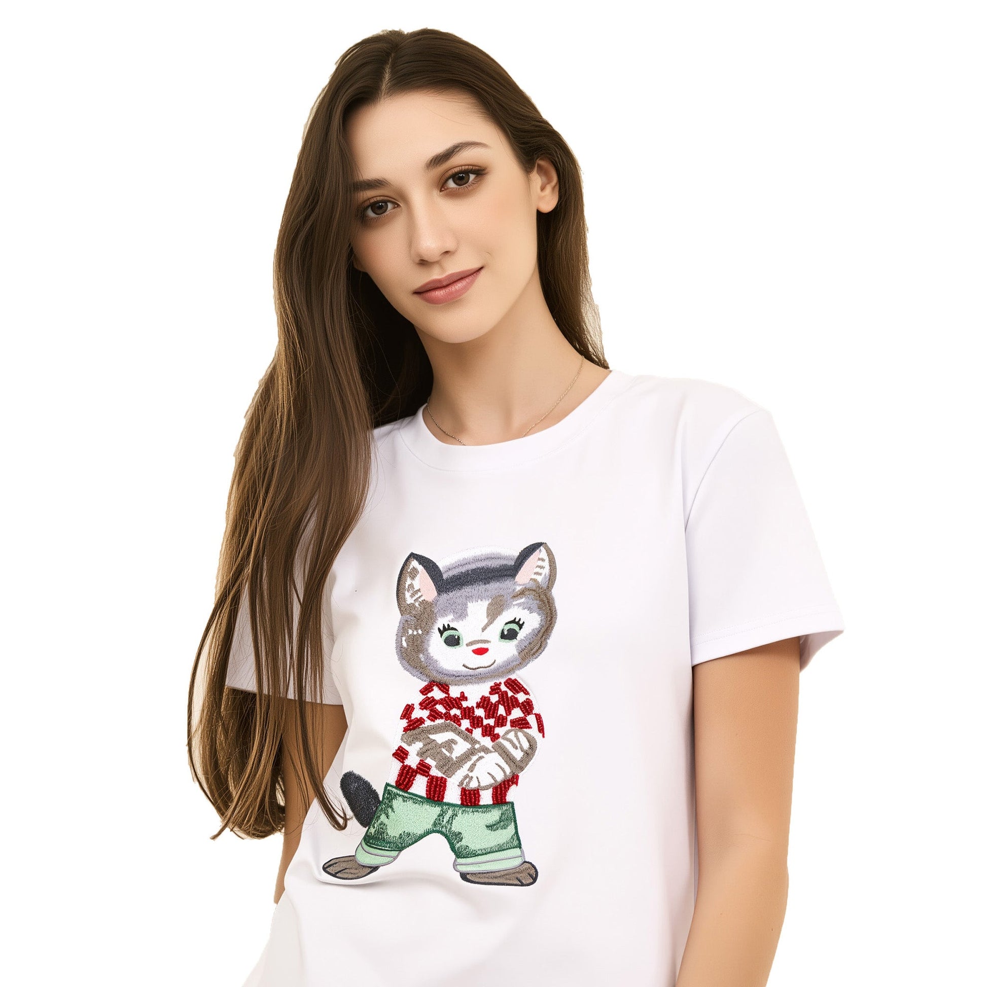 Cotton Embroidered Cat T-Shirt with Beads and Thread