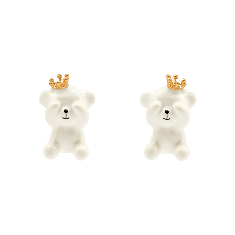 Gold Enameled Camellia Bear Stud Earrings