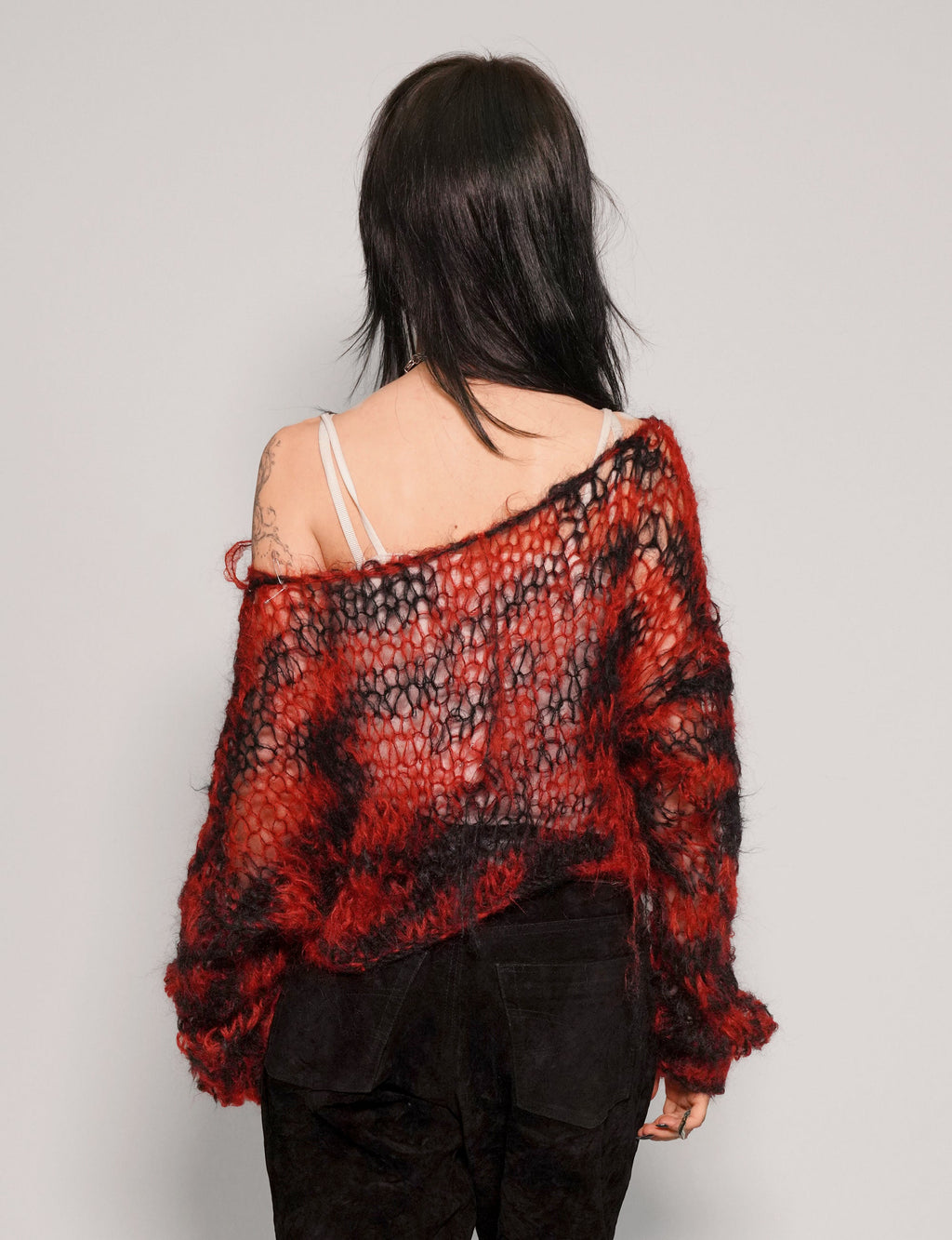 Red and Black Striped Mohair Hand Knit Cropped Sweater