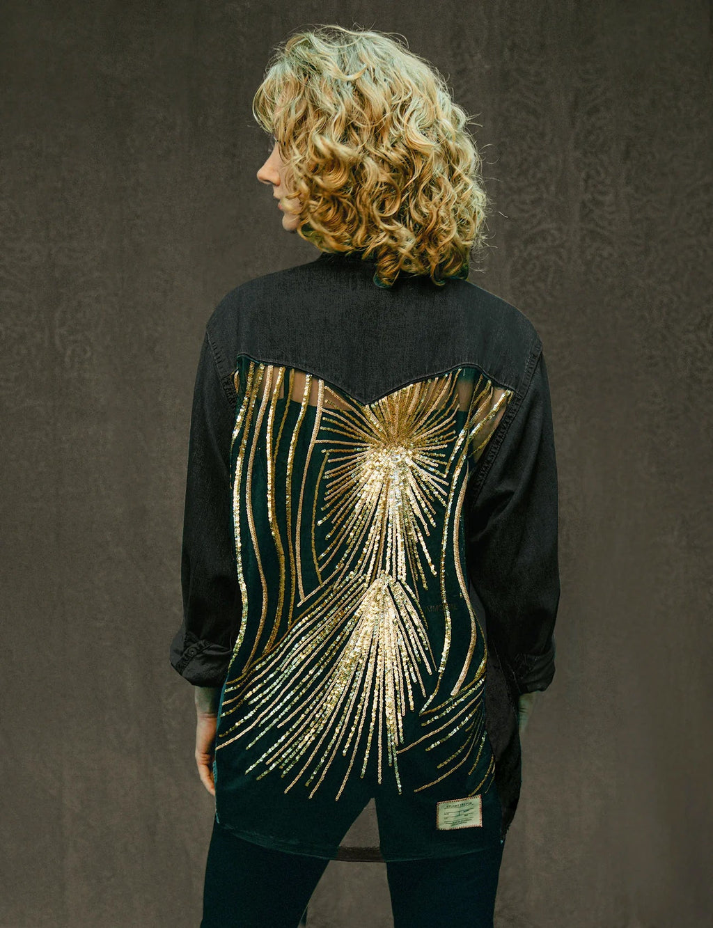 Party Back Shirt Gold Star Sequin Black Denim
