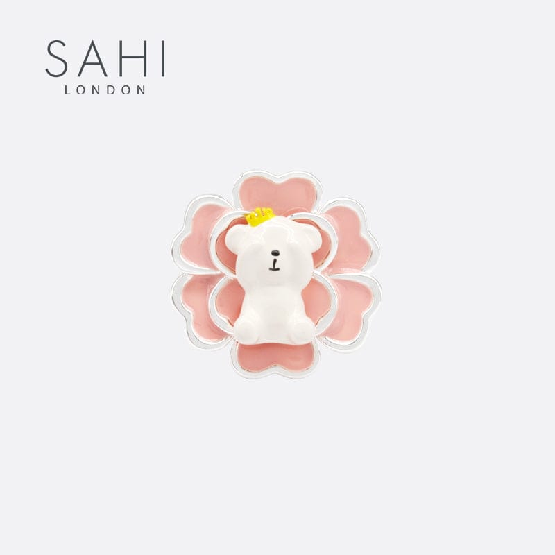 Gold Enameled Round Camellia Bear Ring