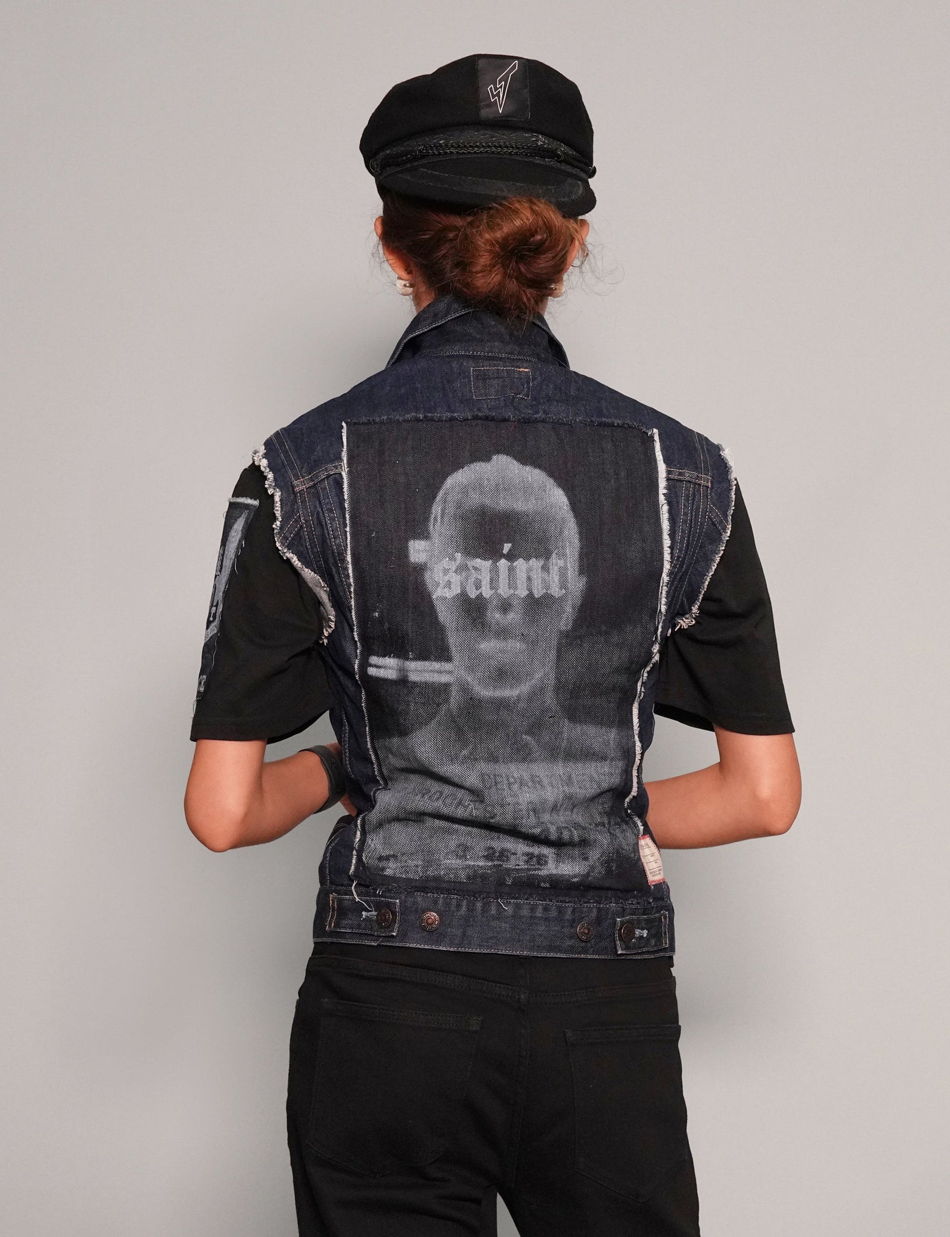 Vintage Denim Gilet with Rock and Roll Back Print