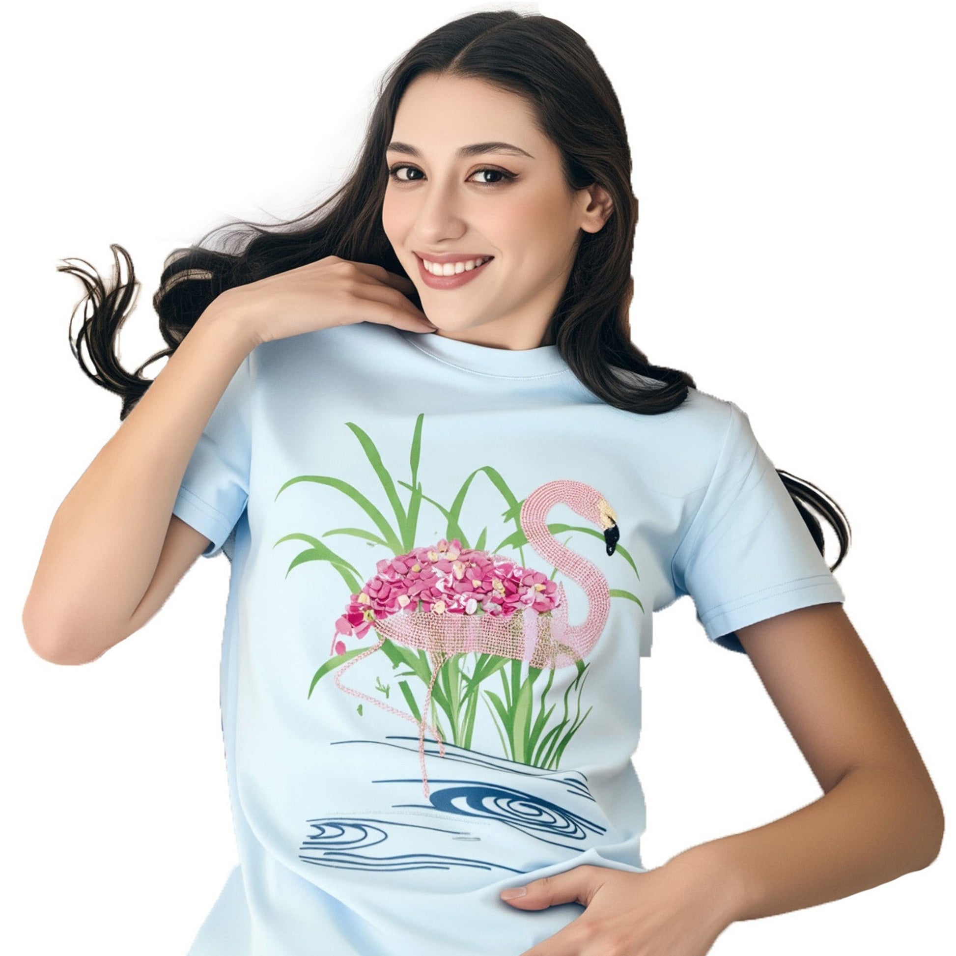 Cotton Flamingo Printed and Embroidered T-Shirt