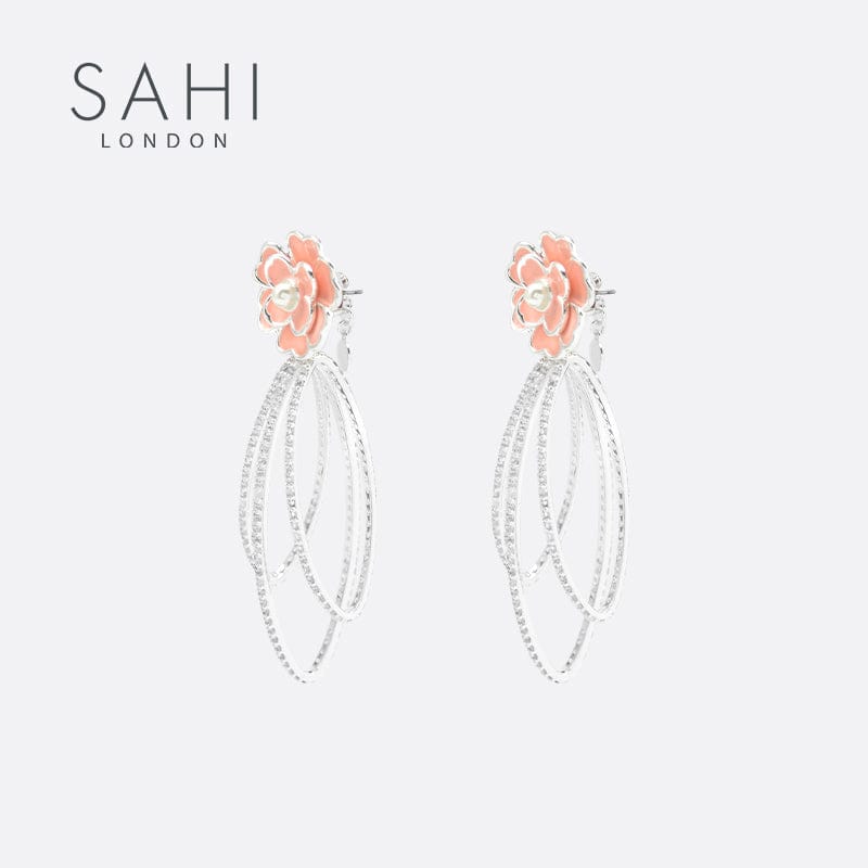 Gold Enameled Camellia Bear Dangling Earrings