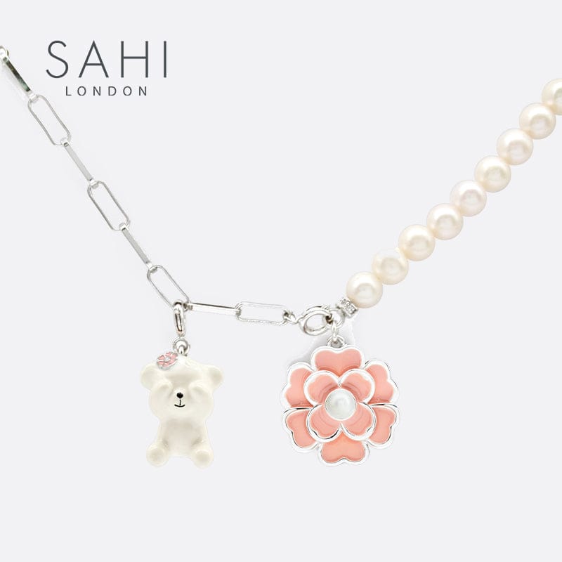 Gold Enameled Pearl Bear Chain Bracelet