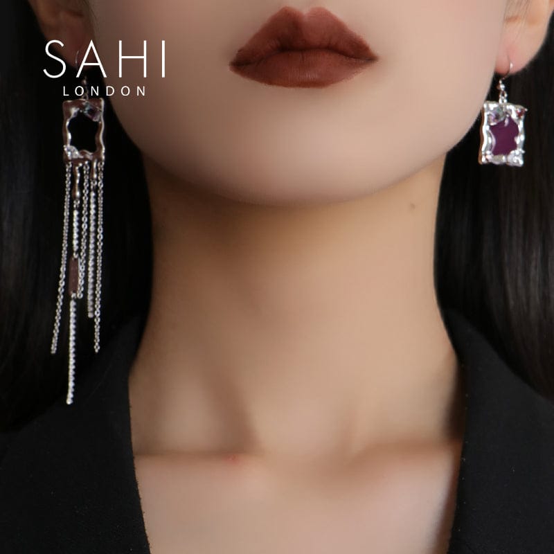 Heart Enamel Metaverse Rain Dangling Earrings in Silver and Violet
