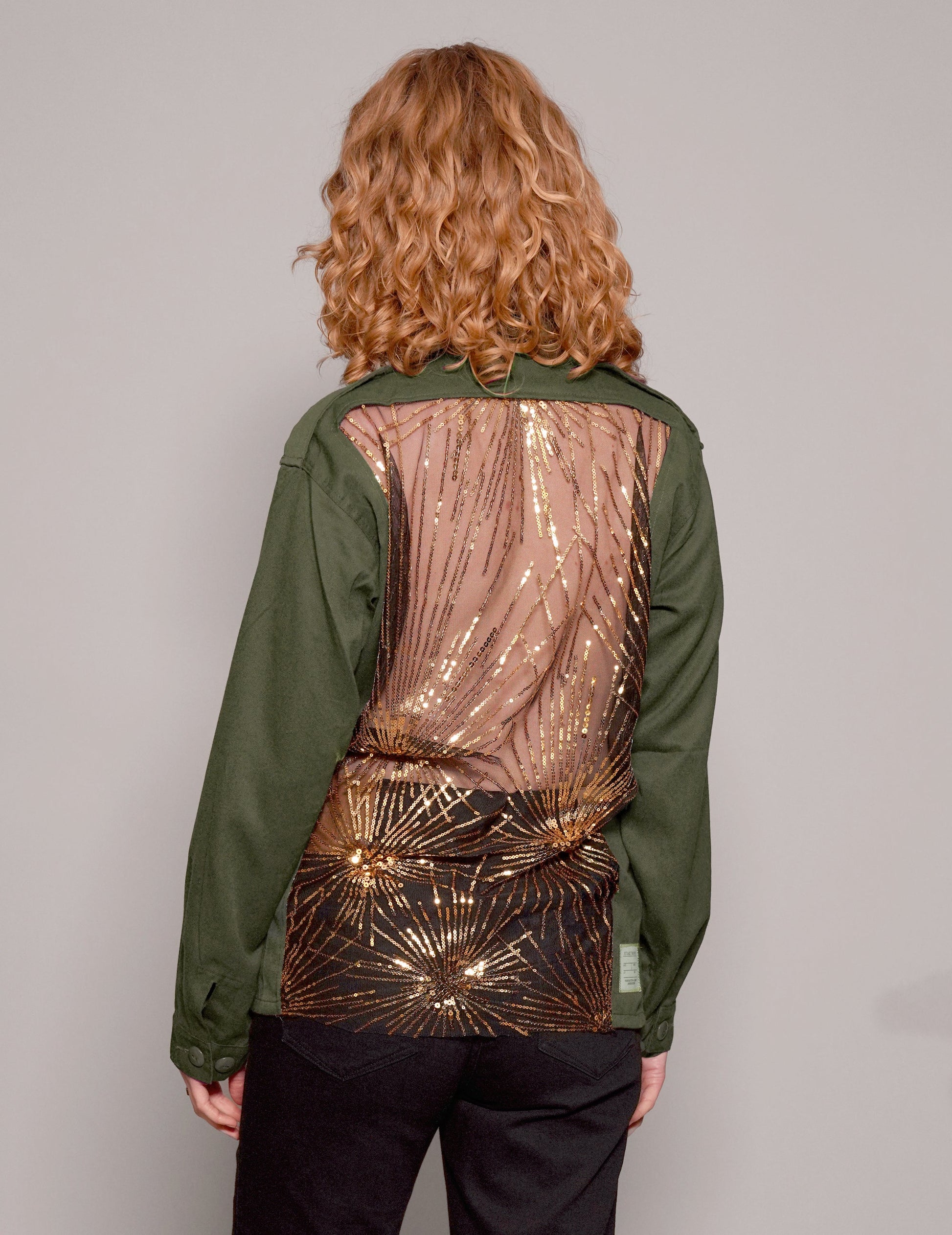 Party Back Shirt Gold Star Sequin Khaki