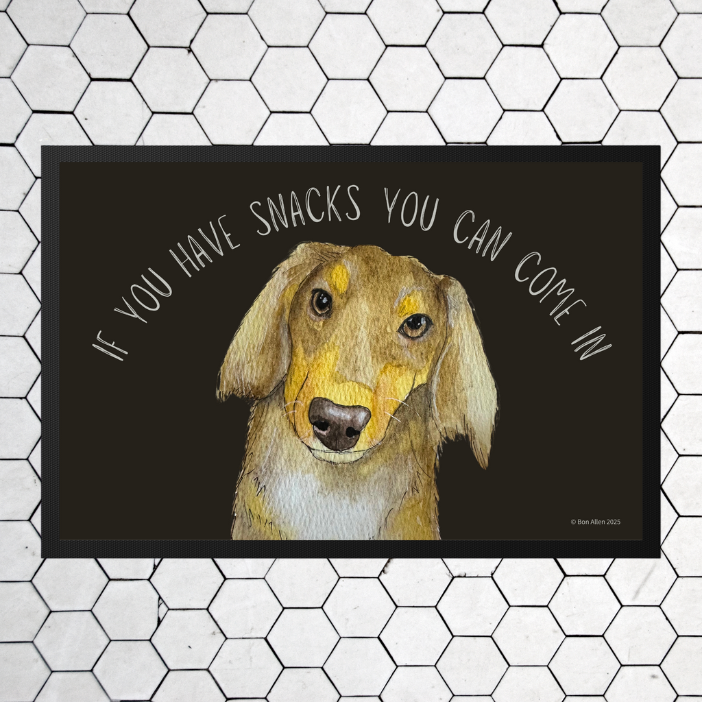 Long Haired Dachshund Doormat with Snacks Slogan