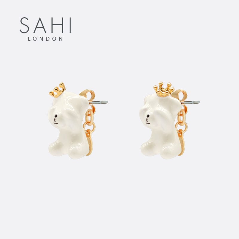 Gold Enameled Camellia Bear Stud Earrings