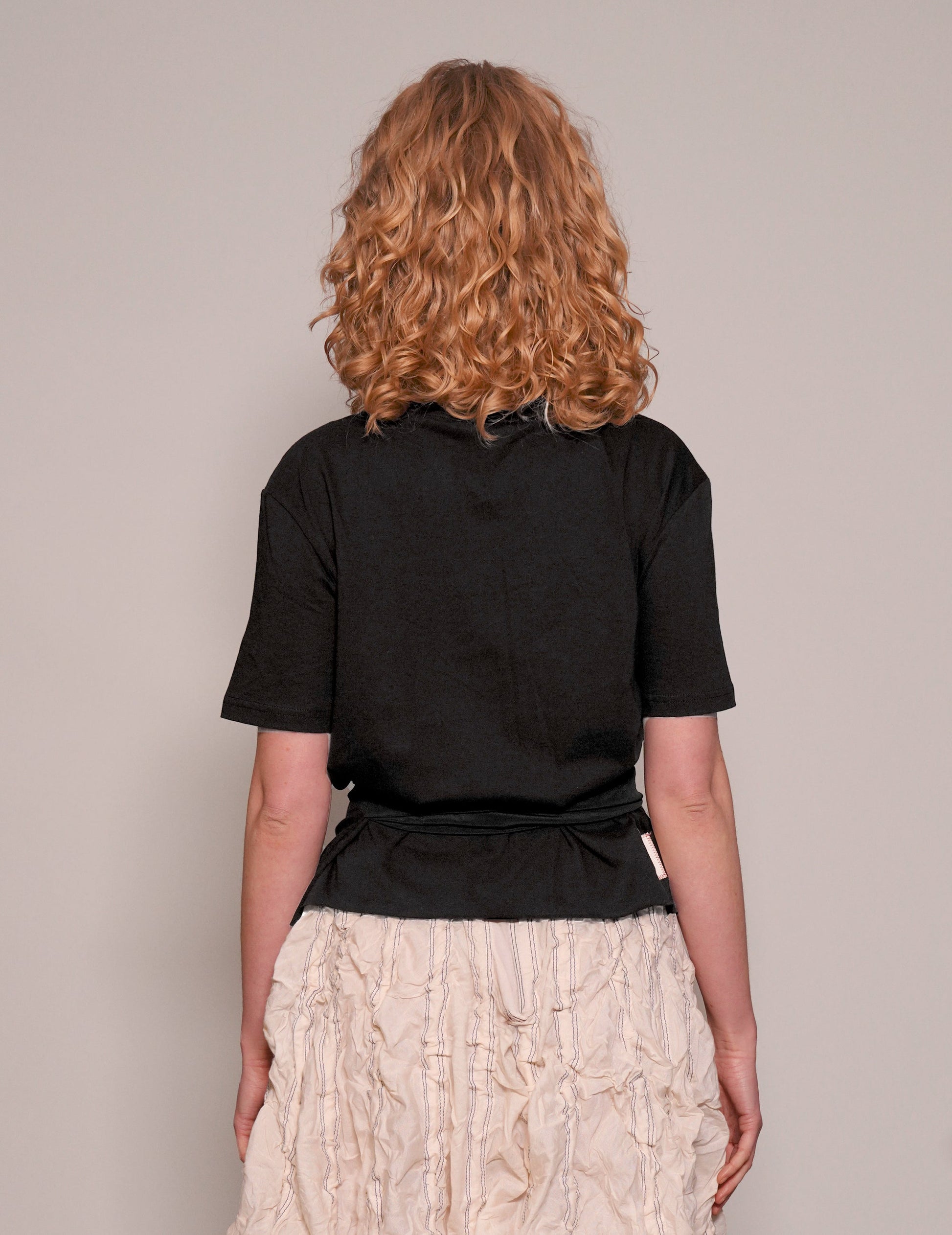 Black Cropped Tee with Silver Logo and Silk Tie Detail