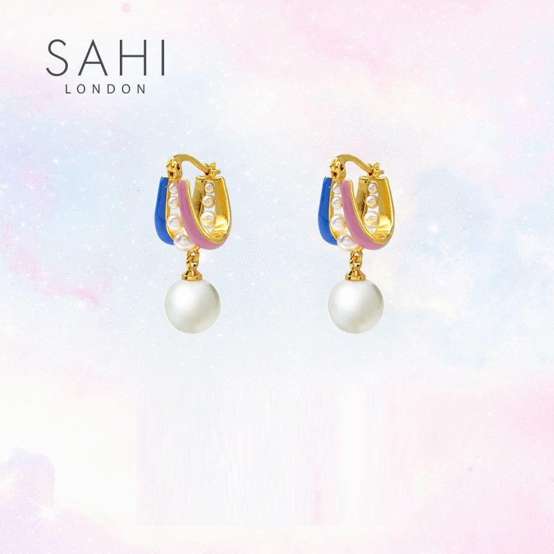 Fantasy Pearl Drop Earrings in Blue, Pink and Gold