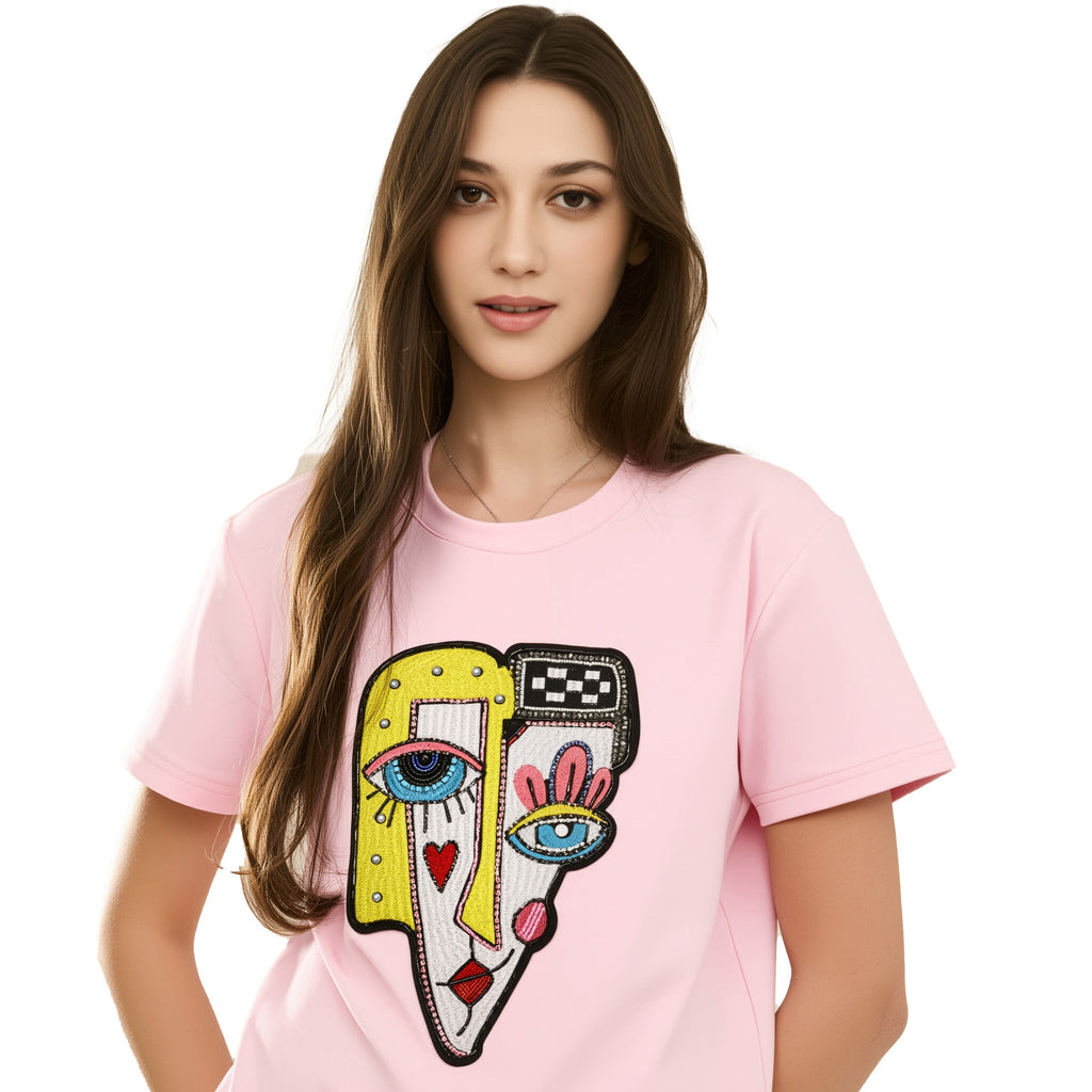 Face Printed and Sequence Embroidered T-Shirt in White
