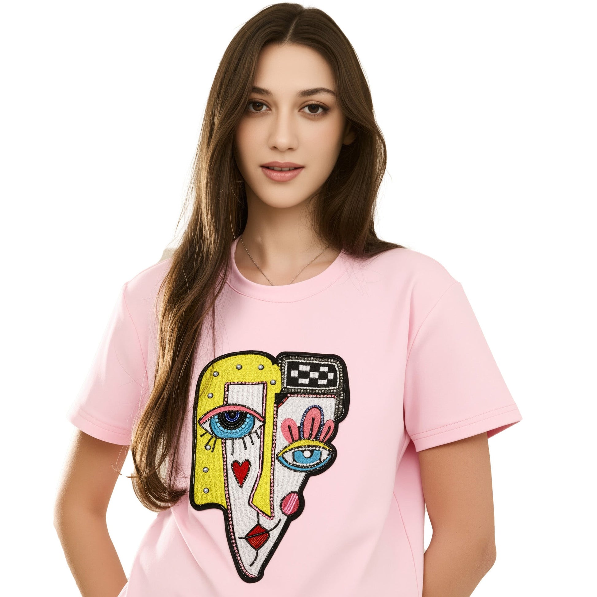 Face Printed and Sequence Embroidered T-Shirt in White