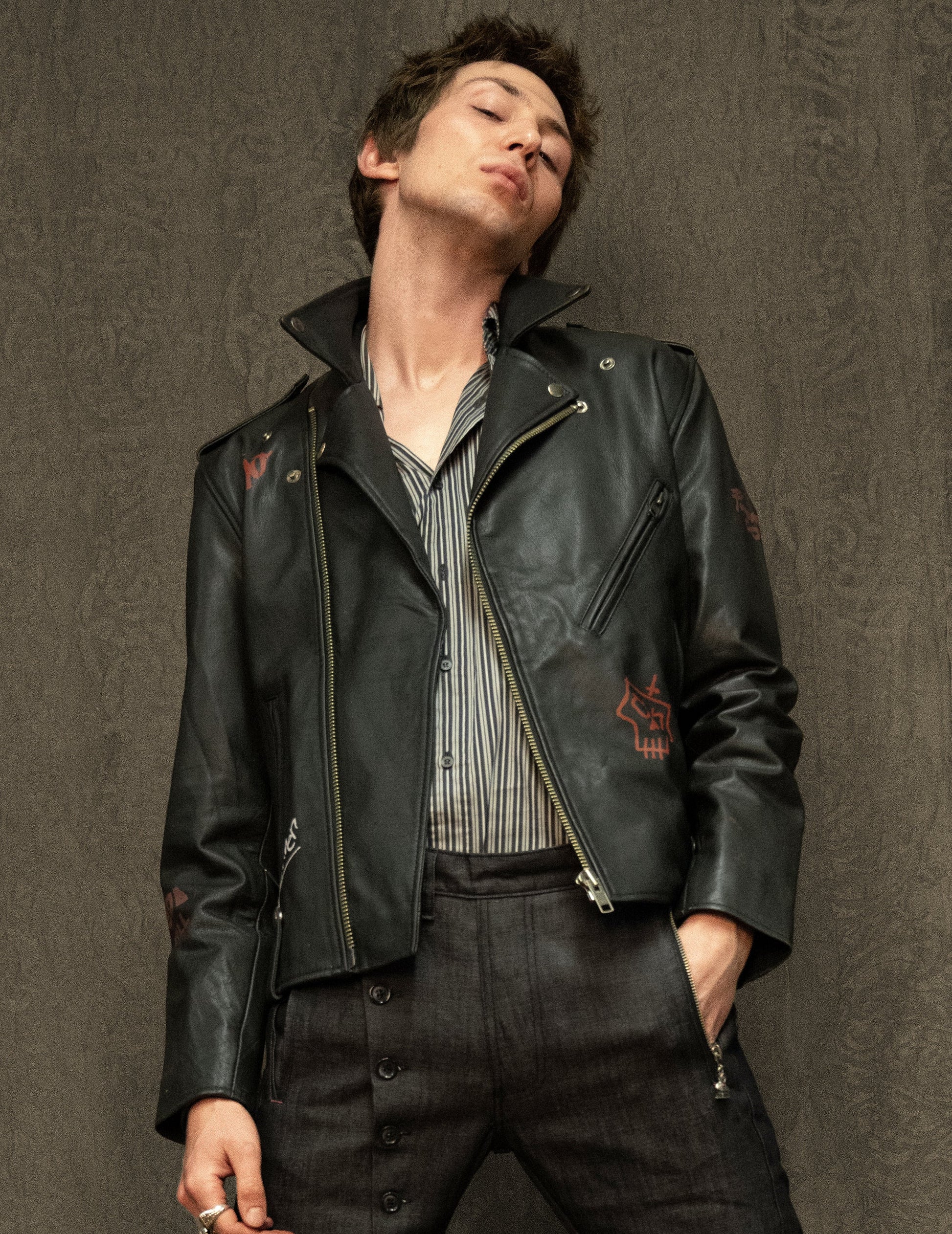 Black Leather Biker Jacket with Born Saint Graphic