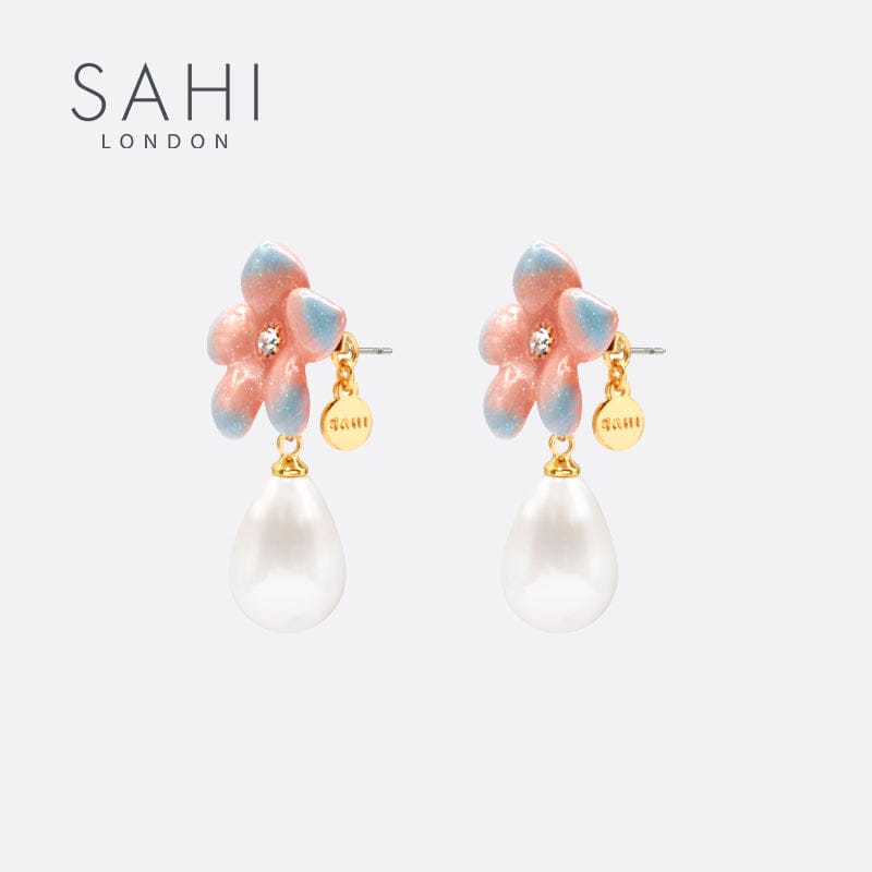 Peach Lily Flower Pearl Drop Earrings in Gold
