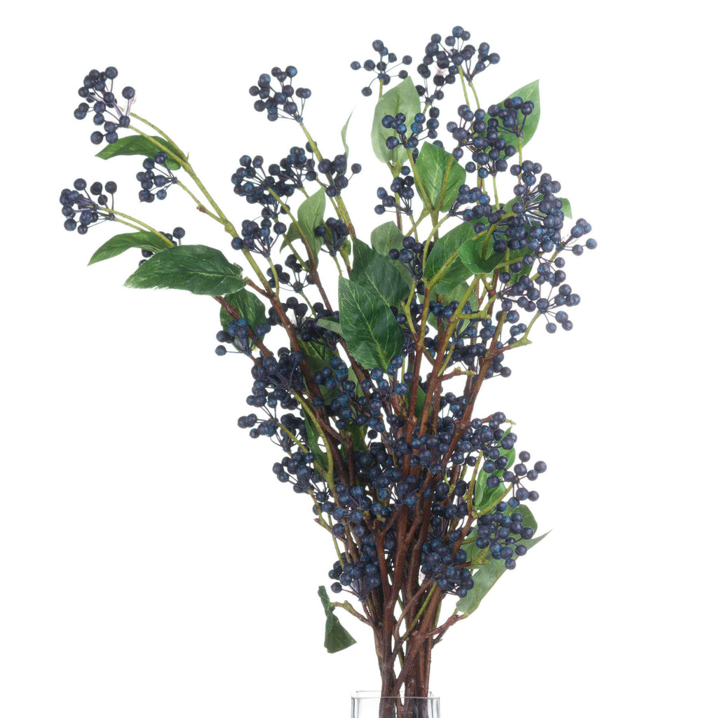 Handcrafted indigo berry stems with deep blue hues, perfect for vases or centerpieces, 80cm tall, realistic plastic texture. by sostter at brixbailey.com